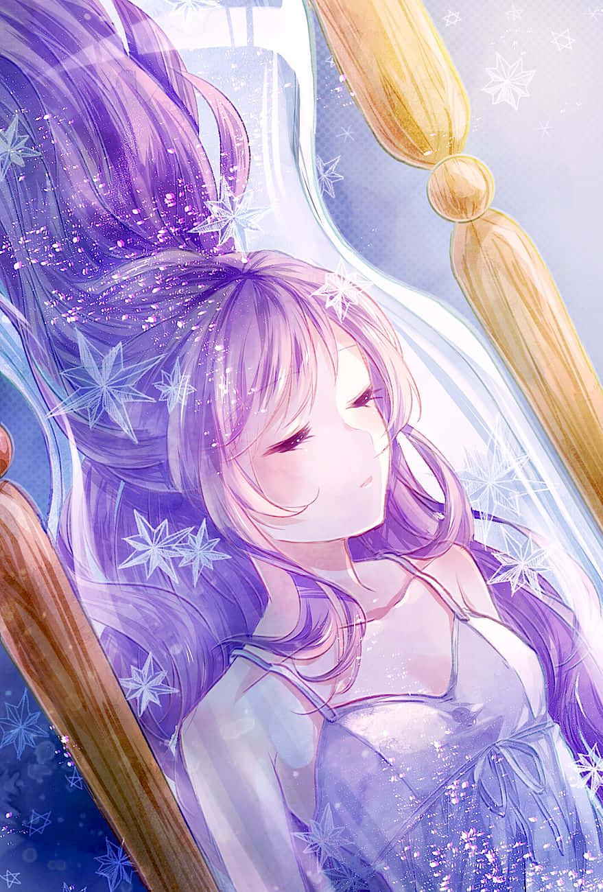 動漫藝術GIF 桌布 壁紙 — 一位擁有紫色頭髮和雪花圖案的寧靜動漫女孩，在一個散發柔和光芒的玻璃沙漏中休息。