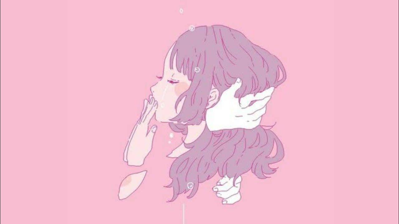 桌布 壁紙 — 一位擁有紫色頭髮的細膩動漫女孩，在柔和的粉紅色背景上輕輕吹著泡泡。