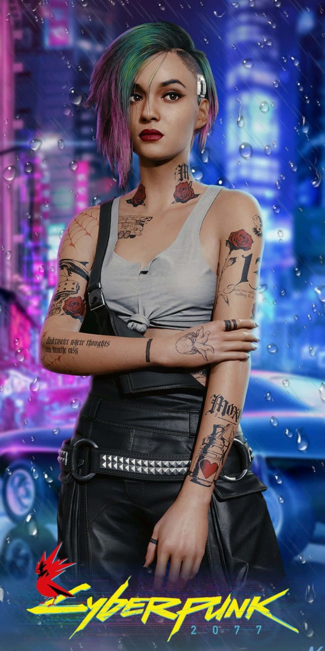 Pixel 3 Cyberpunk 2077 桌布 壁紙 — 一位擁有綠色和紫色頭髮的賽博龐克女性站在雨淋的霓虹城市景觀中，紋身在鮮豔燈光下發光。