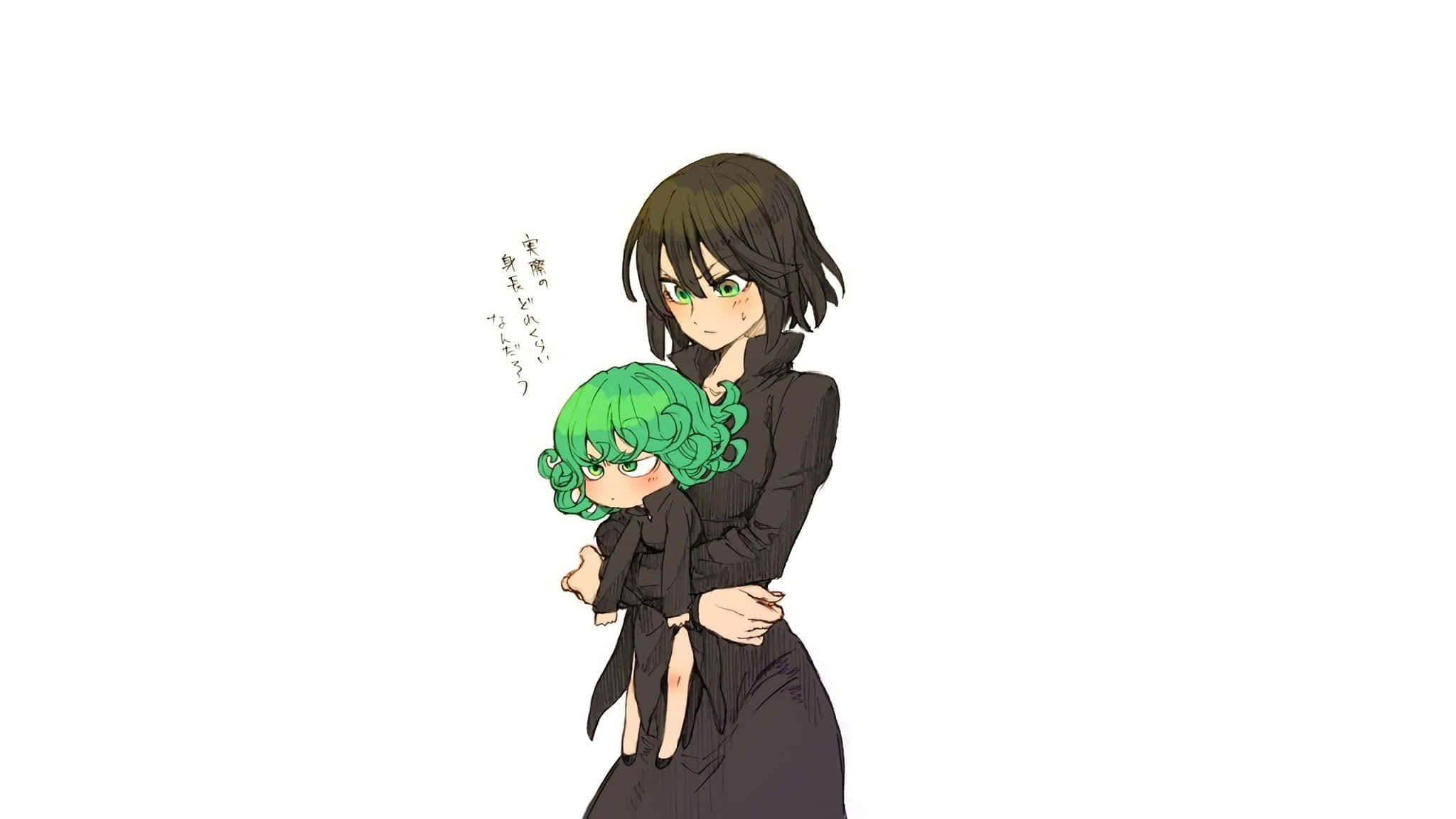 Tatsumaki 桌布 壁紙 — 一位擁有綠色眼睛和深色頭髮的動漫女孩，穿著黑色服裝，抱著一個綠色頭髮的小孩，背景是純白色。