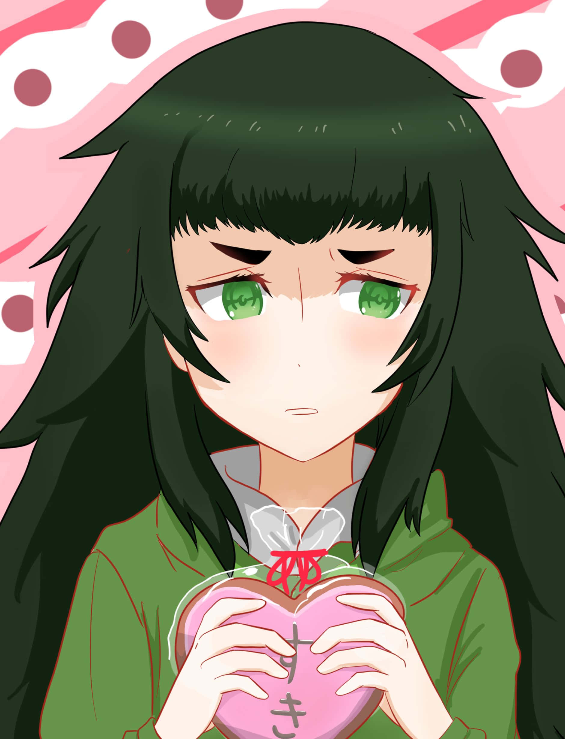 Maho Hiyajo 桌布 壁紙 — 一位擁有綠色眼睛和深色頭髮的動漫女孩，在粉紅色圓點背景前，手持一個帶有日文字符的粉紅色心形盒子。