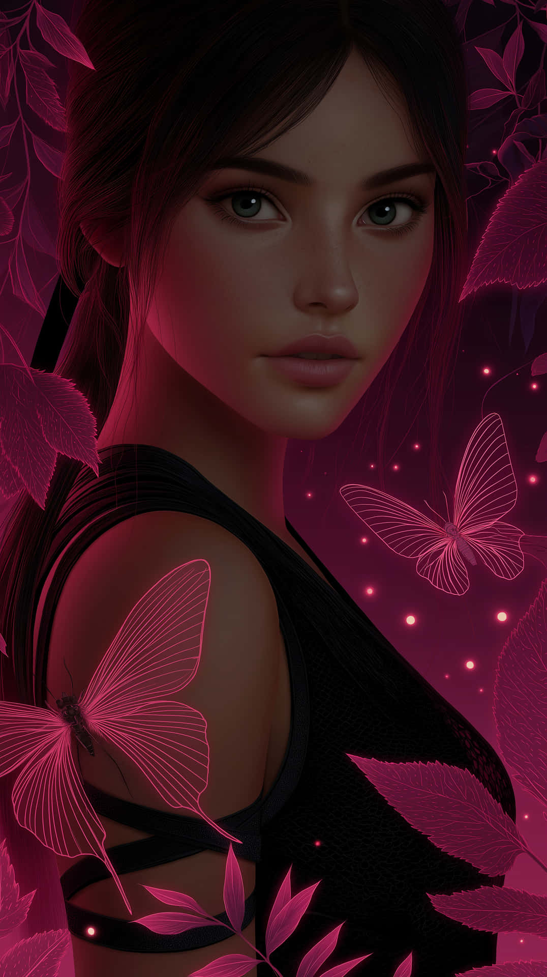 Dreamy Dark Fairy Portrait with Glowing Butterflies 壁紙 — 一位擁有綠色眼睛和深色頭髮的女性穿著黑色上衣，被發光的粉紅色蝴蝶和樹葉包圍，背景為深洋紅色。