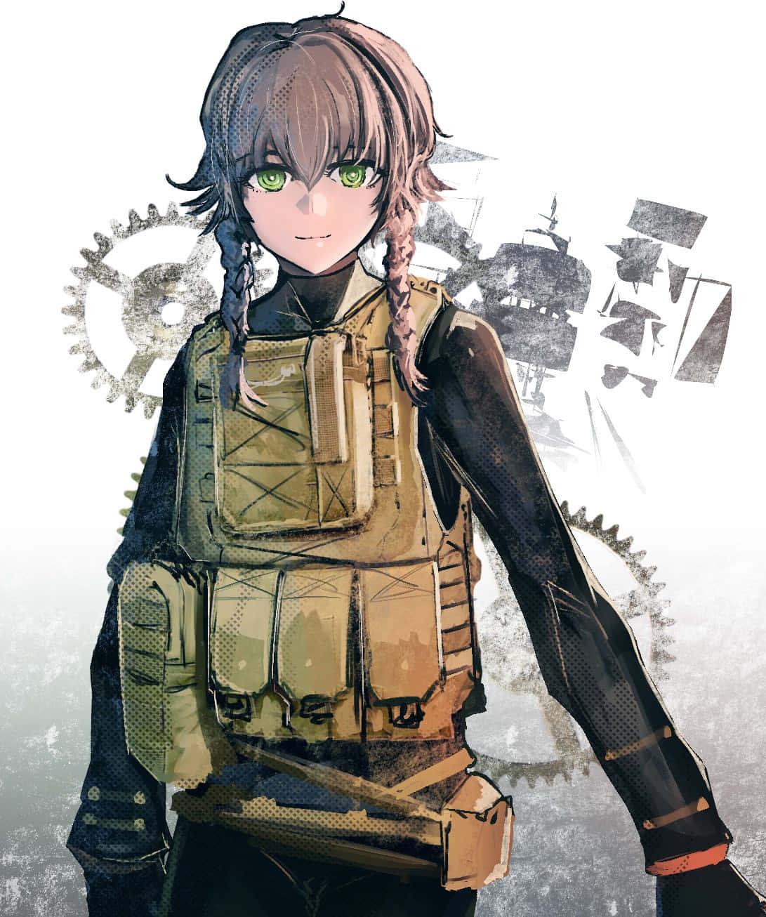 Suzuha Amane 桌布 壁紙 — 一位擁有綠色眼睛和辮子頭髮的動漫女孩，穿著戰術背心，背景是機械齒輪和船隻輪廓。