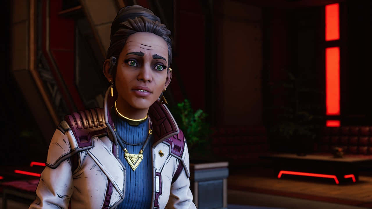 Borderlands Characters 桌布 壁紙 — 一位擁有綠色眼睛和辮子頭髮的女性角色，在一個光線昏暗、帶有紅色霓虹燈裝飾的未來風格房間裡，穿著白色和紫色的裝甲外套。