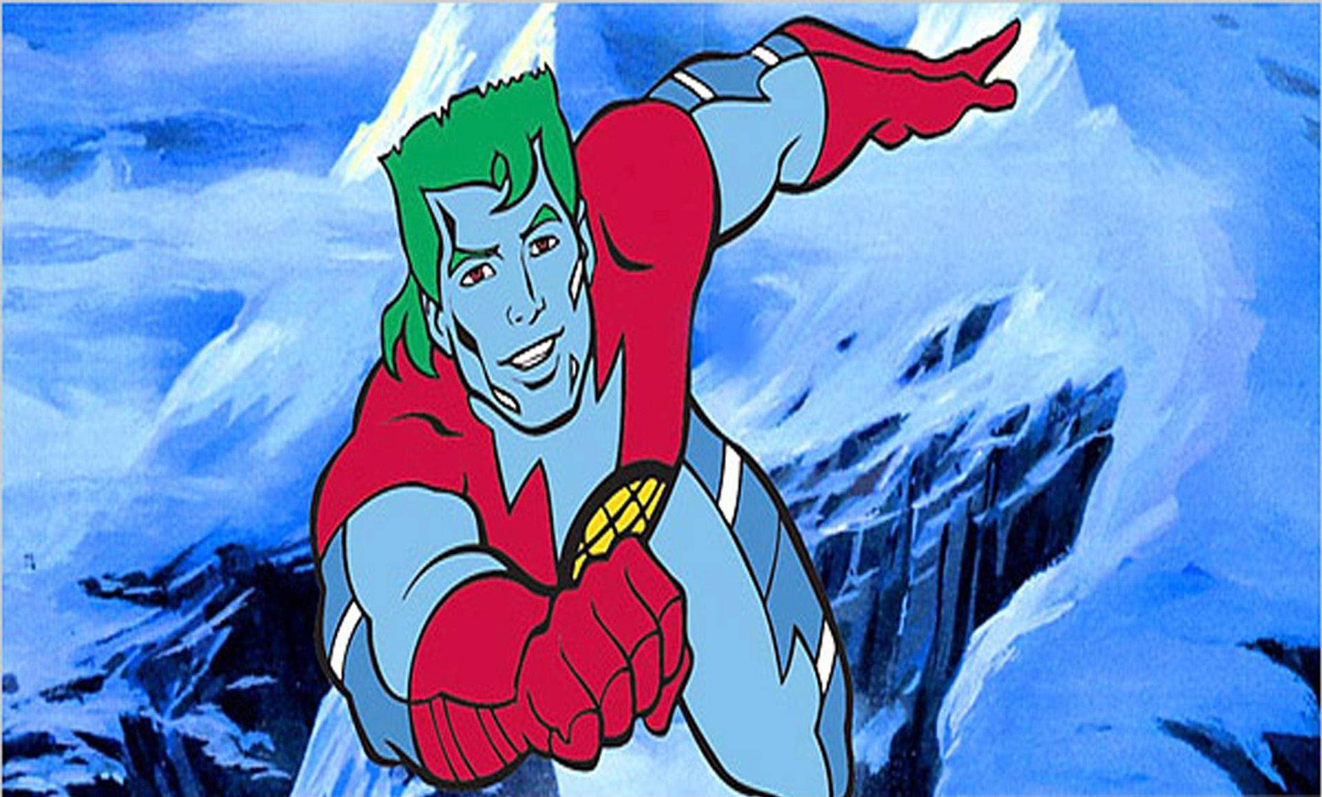 Captain Planet 桌布 壁紙 — 一位擁有綠色頭髮和紅色套裝的超級英雄在藍天下動態地飛越雪山。