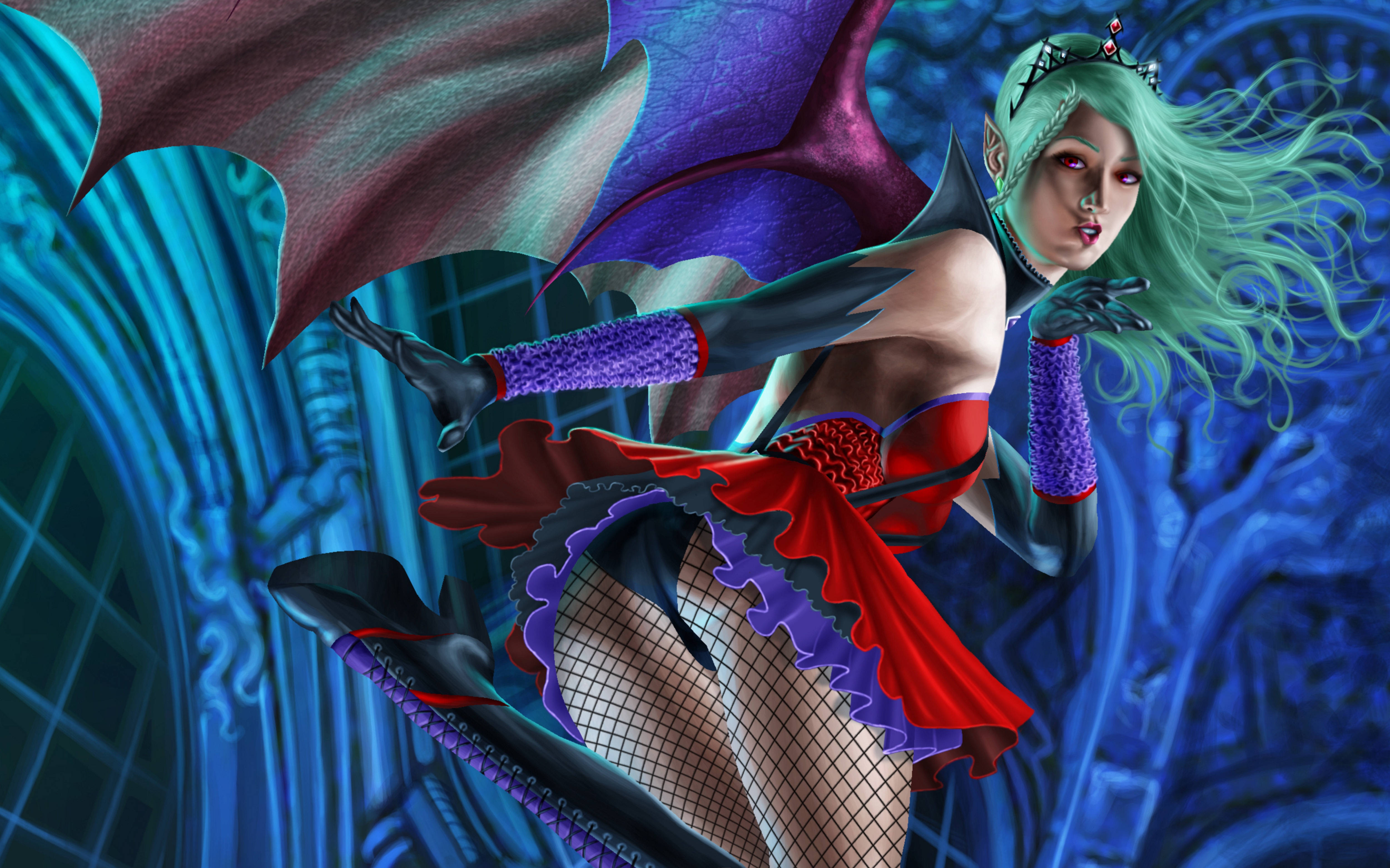 Succubus 桌布 壁紙 — 一位擁有綠色頭髮和蝙蝠翅膀的奇幻動漫女孩，在藍色哥德式拱門前動態擺姿勢。