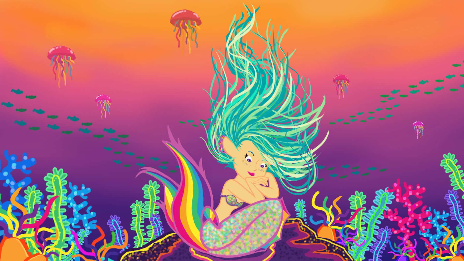 一位擁有繽紛秀髮的美人魚坐在珊瑚礁上 壁紙