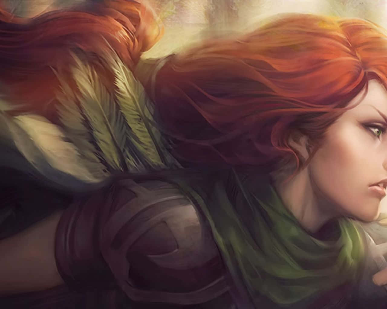 Windranger 桌布 壁紙 — 一位擁有羽毛翅膀的兇猛紅髮戰士，在柔和發光的背景下以動態動作向前凝視。