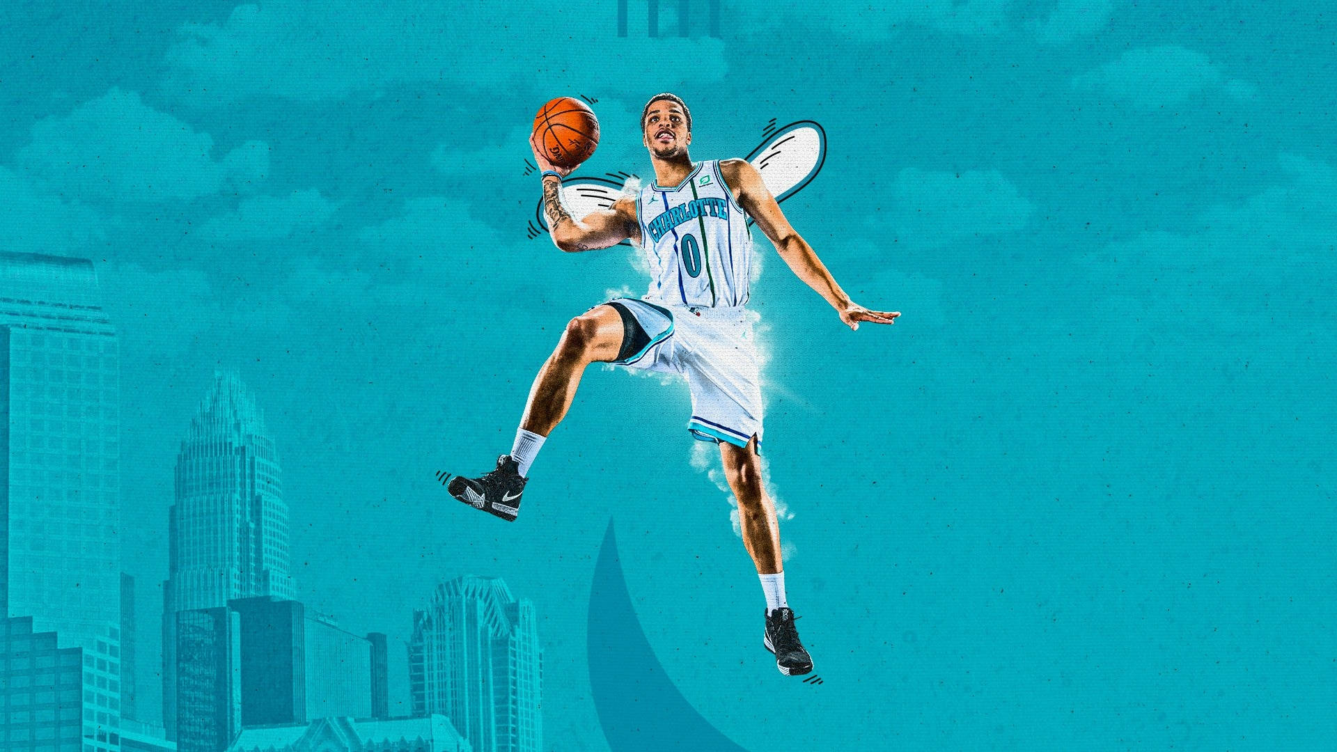 Hornets 桌布 壁紙 — 一位擁有翅膀的籃球運動員在青綠色的城市景觀上空翱翔，手中持球於半空中。