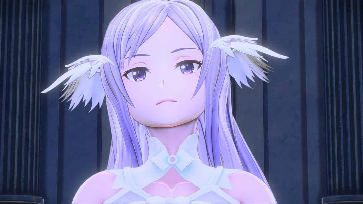 Sword Art Online Quinella 桌布 壁紙 — 一位擁有薰衣草色頭髮和白色羽毛髮夾的寧靜動漫女孩，在深色垂直柱子前溫柔地凝視。