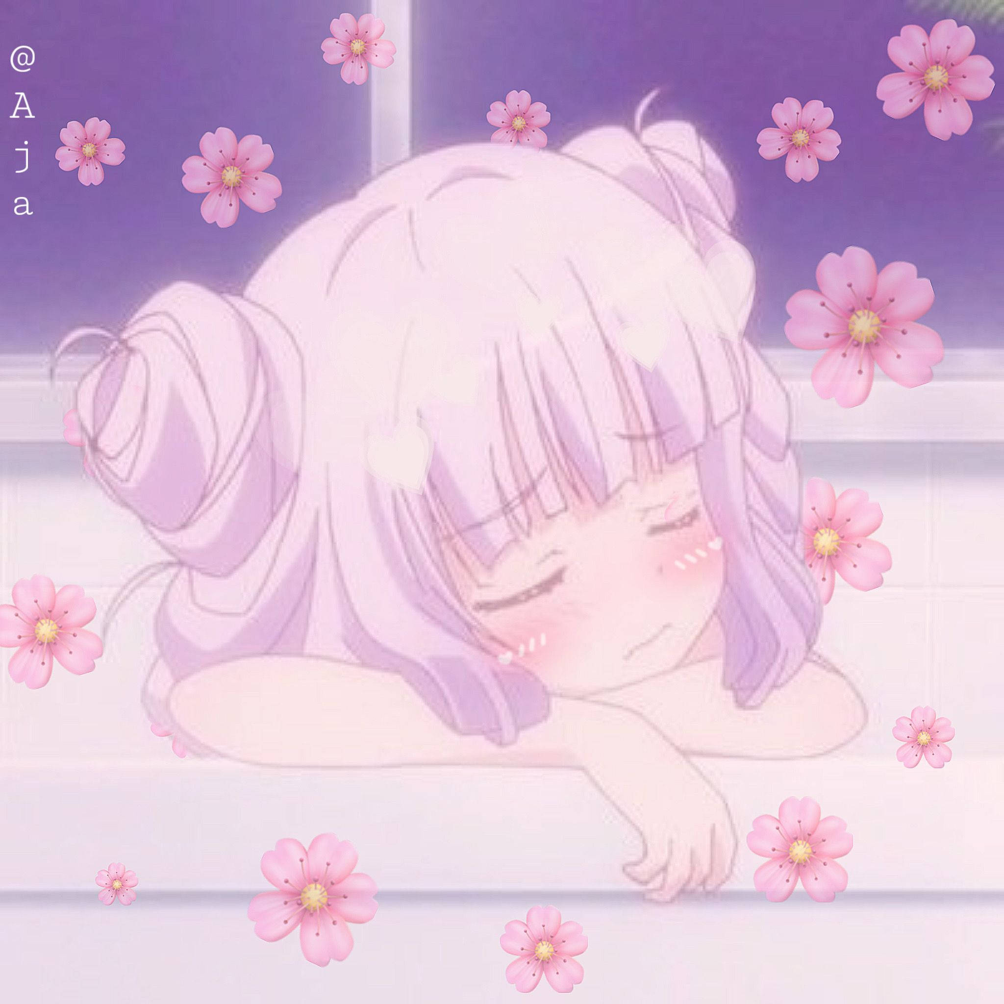 Aesthetic Anime Pfp 桌布 壁紙 — 一位擁有薰衣草色頭髮的寧靜動漫女孩將頭靠在窗台上，粉紅色的櫻花花瓣輕輕飄浮在她周圍。
