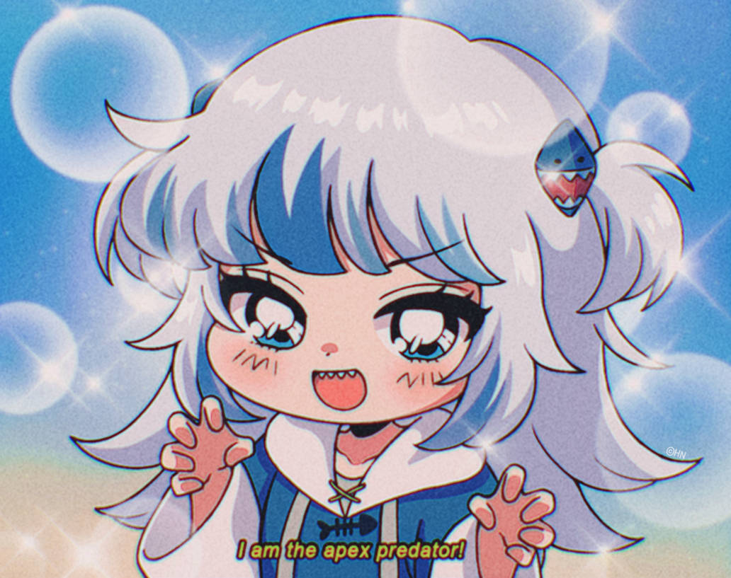 Hololive 桌布 壁紙 — 一位擁有藍白頭髮和鯊魚主題配飾的Q版動漫女孩，在閃閃發光的藍色背景前開心地微笑。