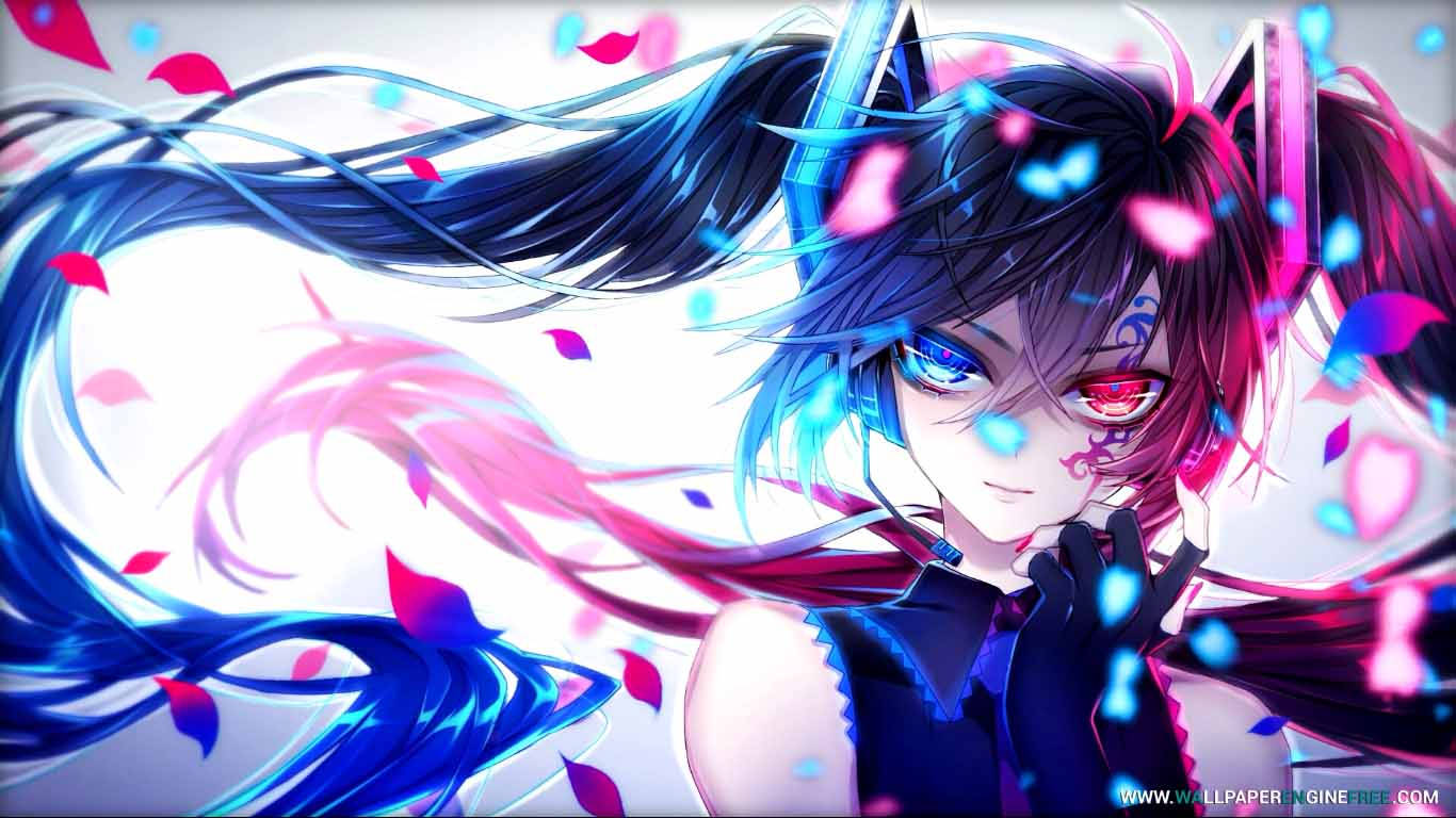 miku 桌布 壁紙 — 一位擁有藍色和粉紅色頭髮及貓耳的女孩注視前方，色彩繽紛的花瓣在她發光的眼睛周圍旋轉。