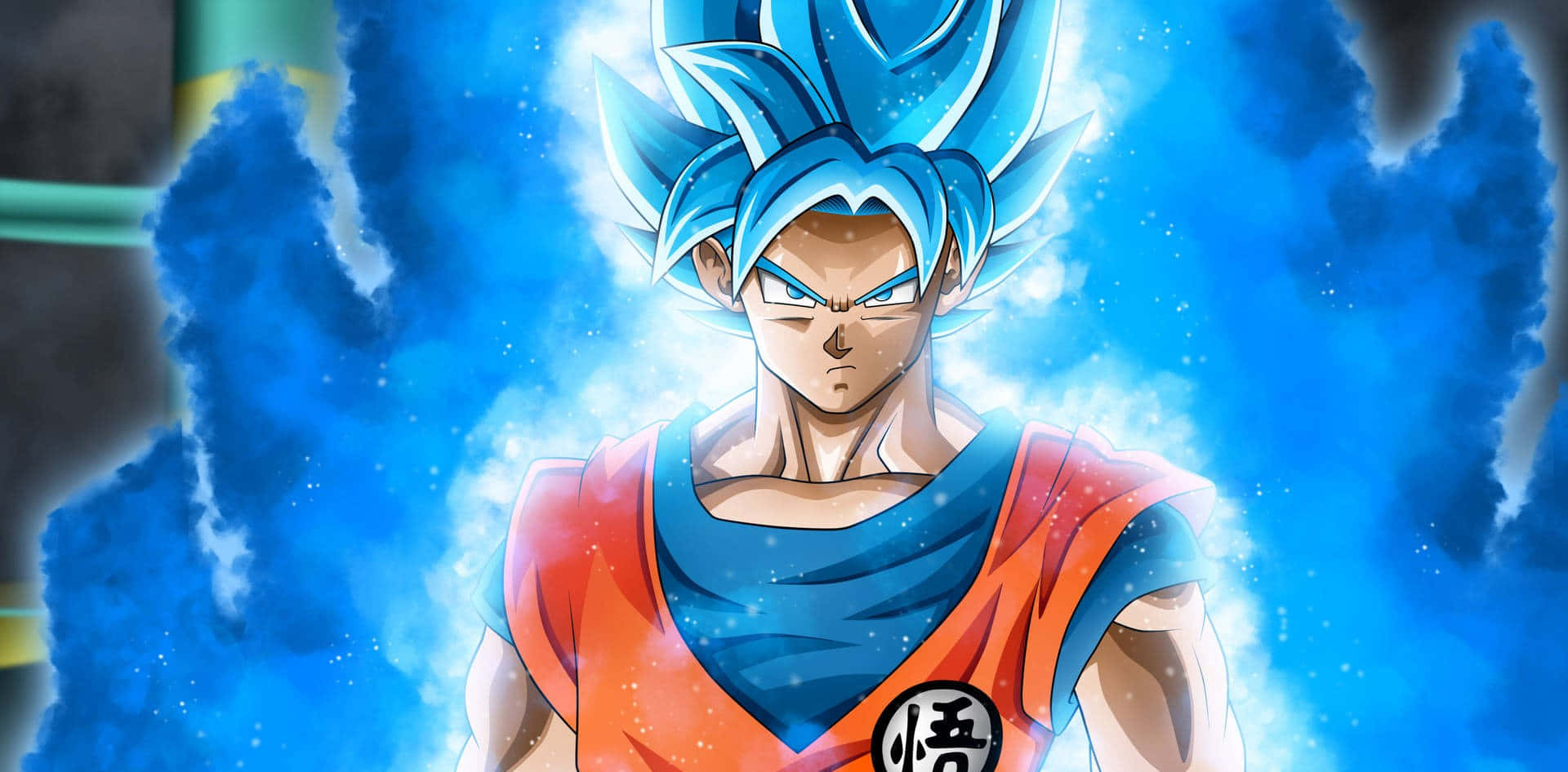 Cool Dragon Ball 桌布 壁紙 — 一位擁有藍色尖刺頭髮和橙色道服的強大動漫戰士，站在旋轉的藍色能量和宇宙粒子之中。