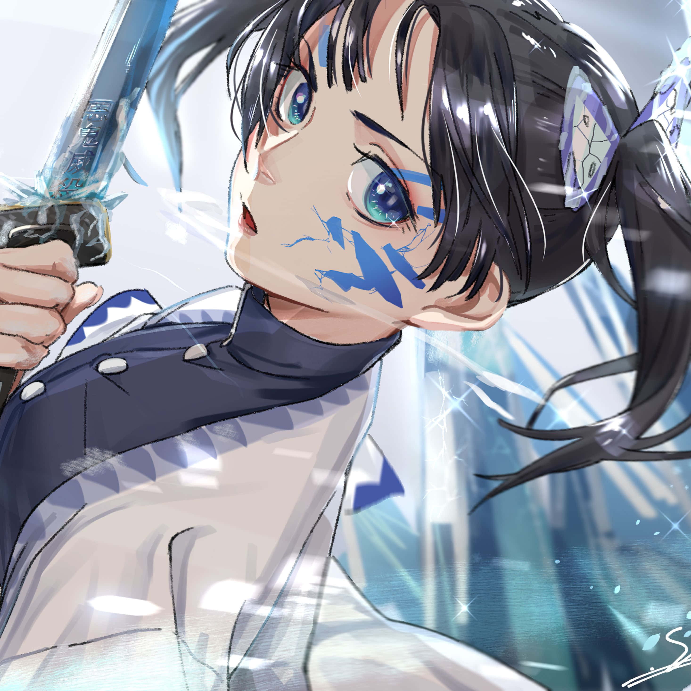 aoi kanzaki 桌布 壁紙 — 一位擁有藍色眼睛和黑色頭髮的堅定動漫女孩，在冰藍色能量和閃爍粒子中揮舞著發光的劍。