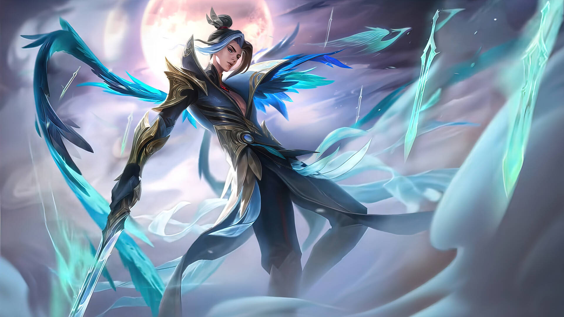 Mobile Legends 動態圖 桌布 壁紙 — 一位擁有藍色羽毛翅膀和發光刀刃的戰士，在滿月背景下蓄勢待發。