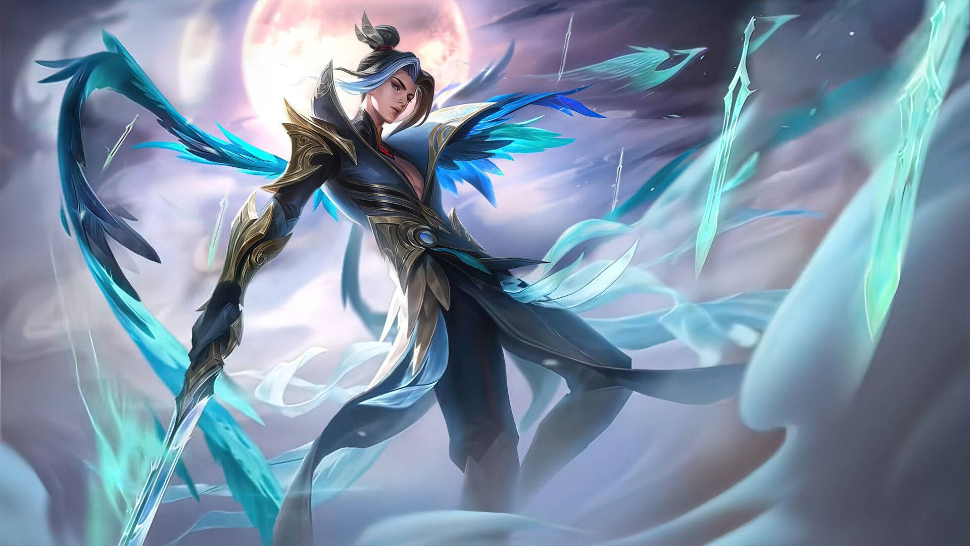 Mobile Legends 動態圖 桌布 壁紙 — 一位擁有藍色羽毛翅膀和發光刀刃的戰士，在滿月背景下蓄勢待發。