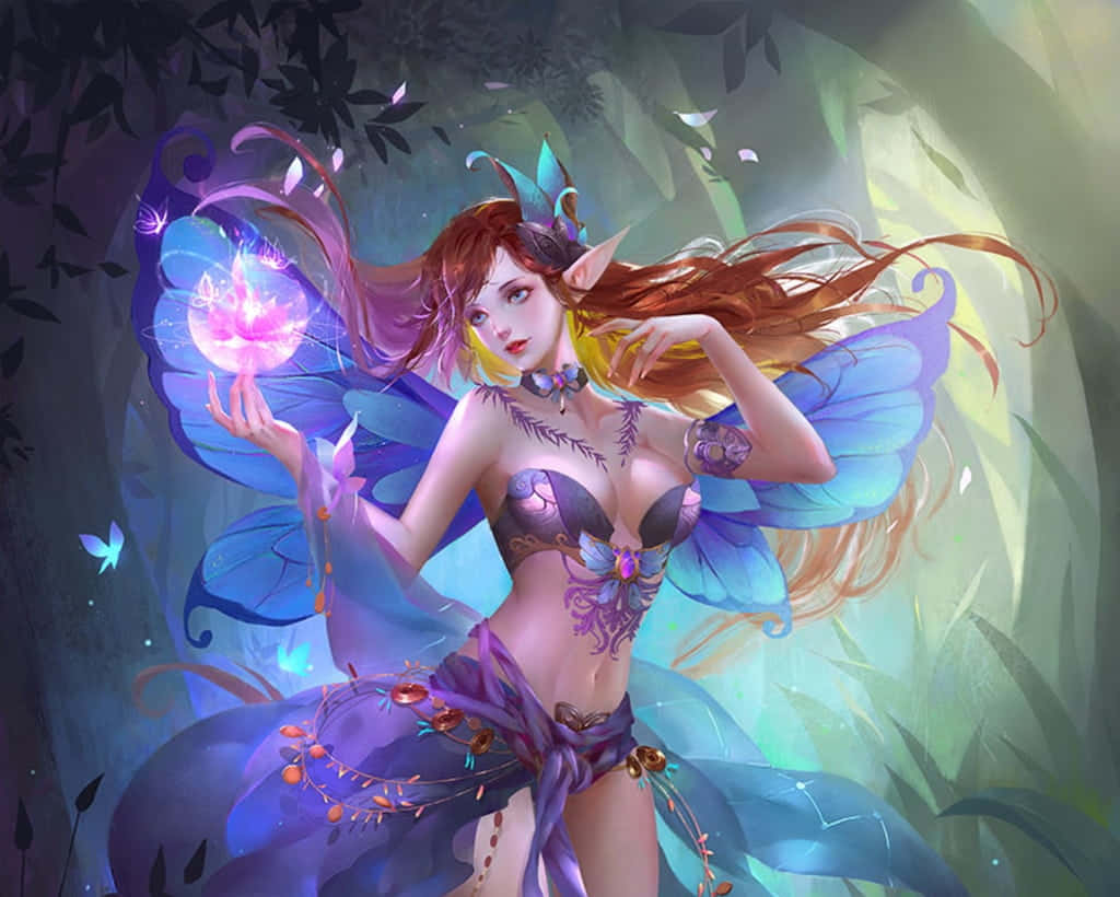 仙女 桌布 壁紙 — 一位擁有藍色翅膀和發光球體的奇幻仙子，漂浮在魔法森林的樹葉間。