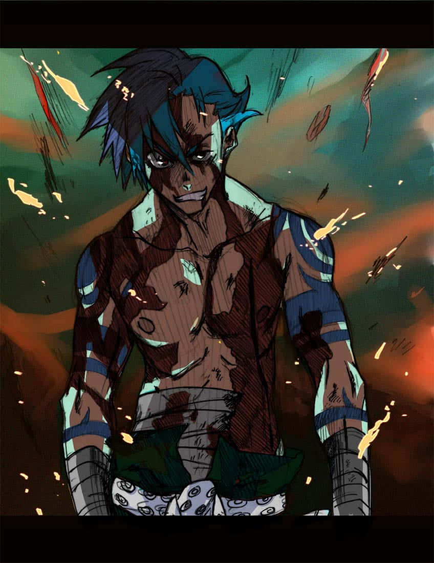 Gurren Lagann Kamina 桌布 壁紙 — 一位擁有藍色頭髮和破損盔甲的兇猛動漫戰士，在暴風雨的天空下站在燃燒的碎片中。