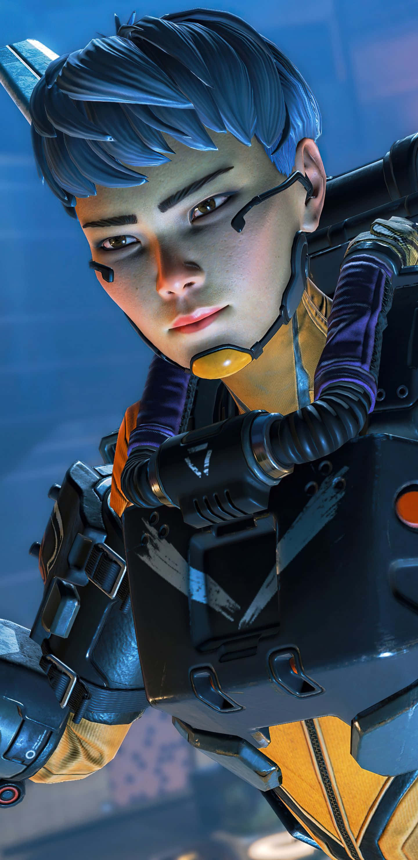 Pixel 3xl Apex Legends 桌布 壁紙 — 一位擁有藍色頭髮和賽博裝備的未來戰士，在發光的藍色背景下凝視著。