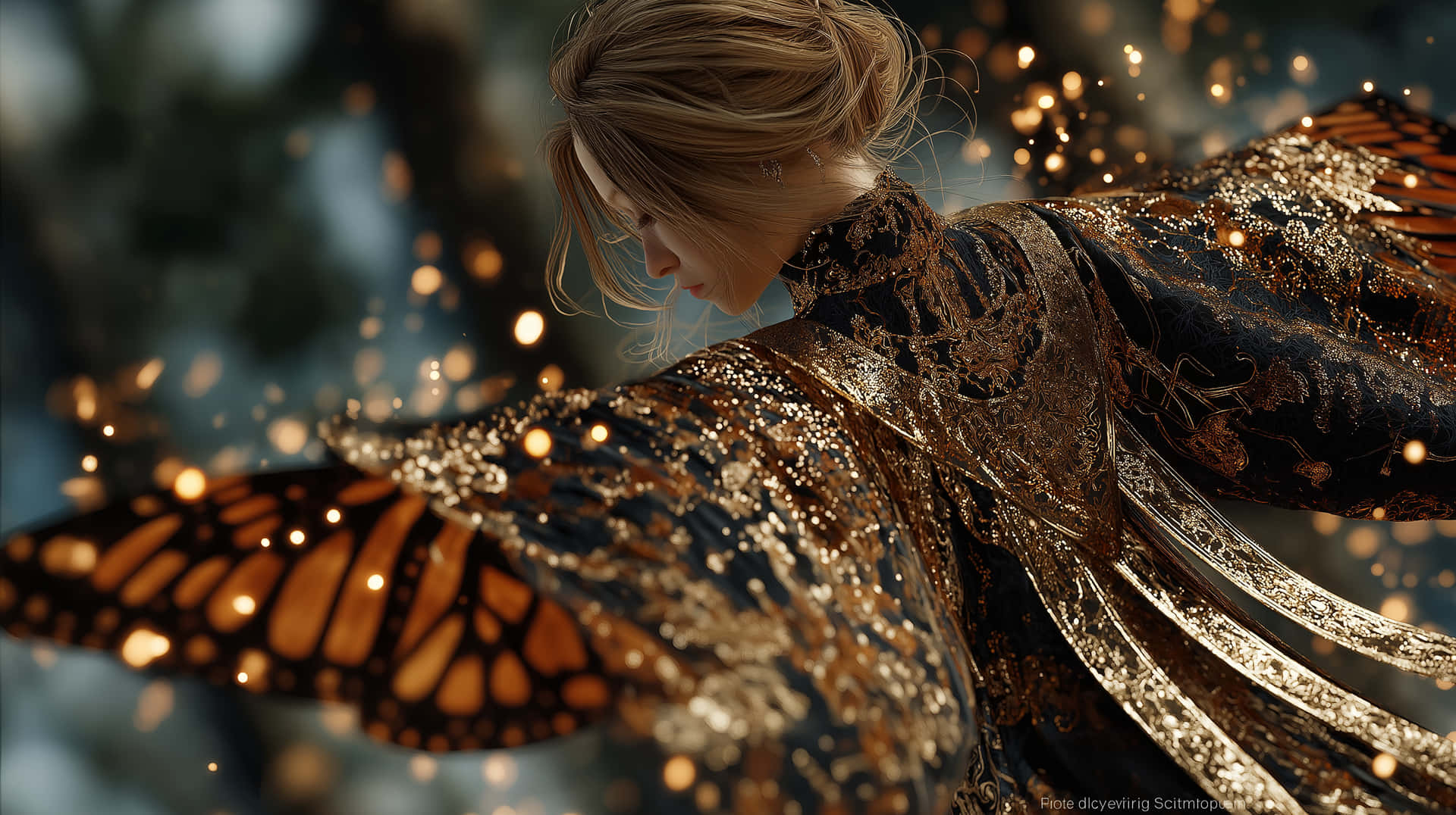 Graceful Butterfly Mage with Golden Wings and Mystical Light 壁紙 — 一位擁有蝴蝶翅膀、飾有金色圖案的女人，在夢幻般的森林中滑翔，森林中閃爍著溫暖的散景燈光。