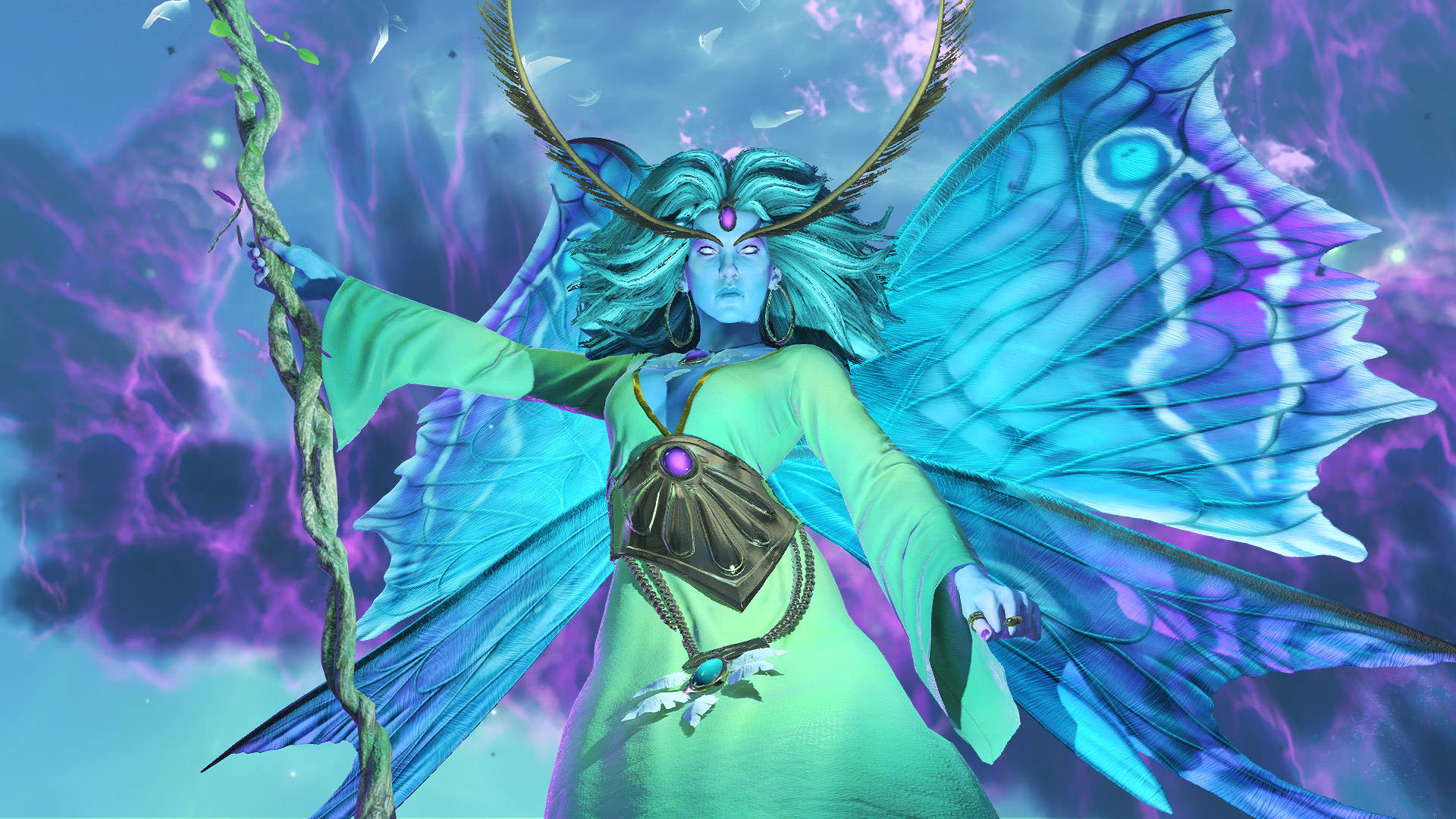 電玩遊戲 桌布 壁紙 — 一位擁有蝴蝶翅膀和鹿角的神秘藍皮膚女神，在旋轉的紫色和藍色宇宙天空中手持法杖。