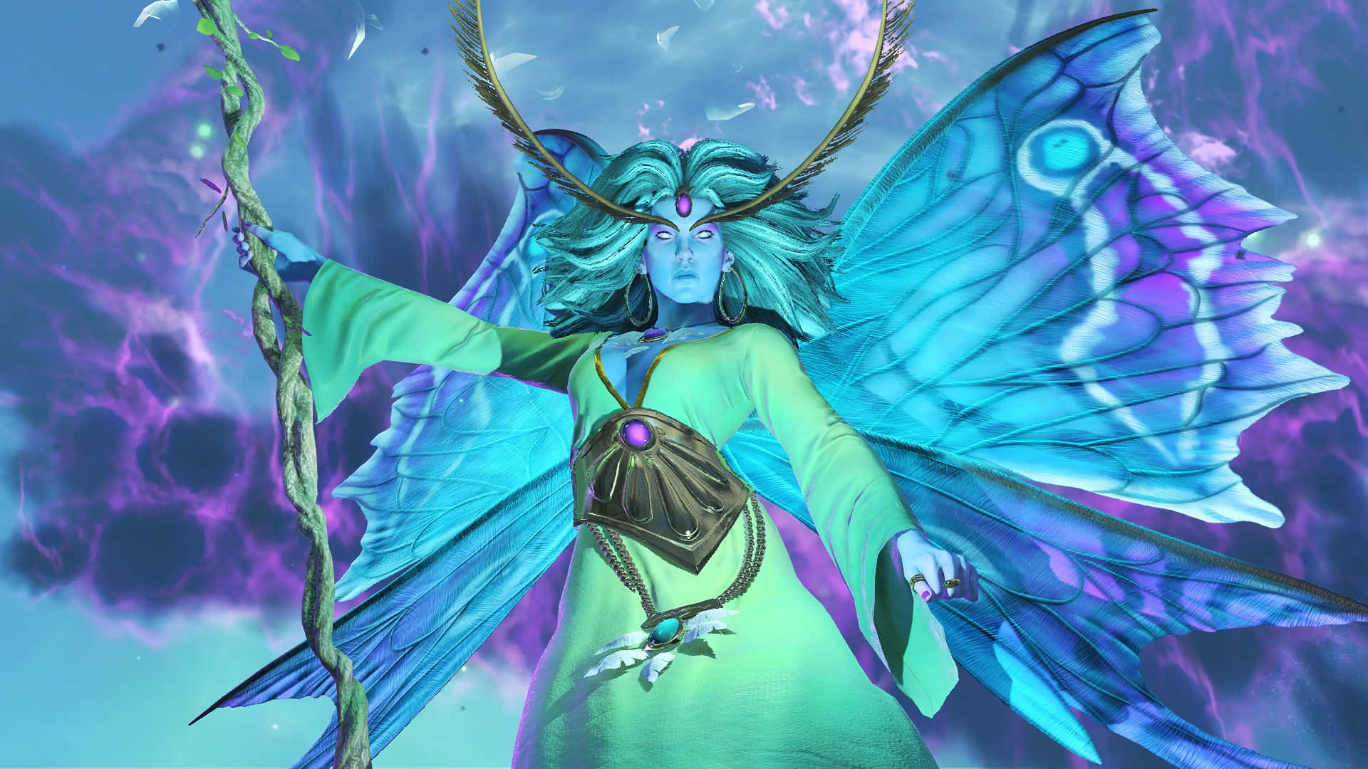 電玩遊戲 桌布 壁紙 — 一位擁有蝴蝶翅膀和鹿角的神秘藍皮膚女神，在旋轉的紫色和藍色宇宙背景下手持法杖。