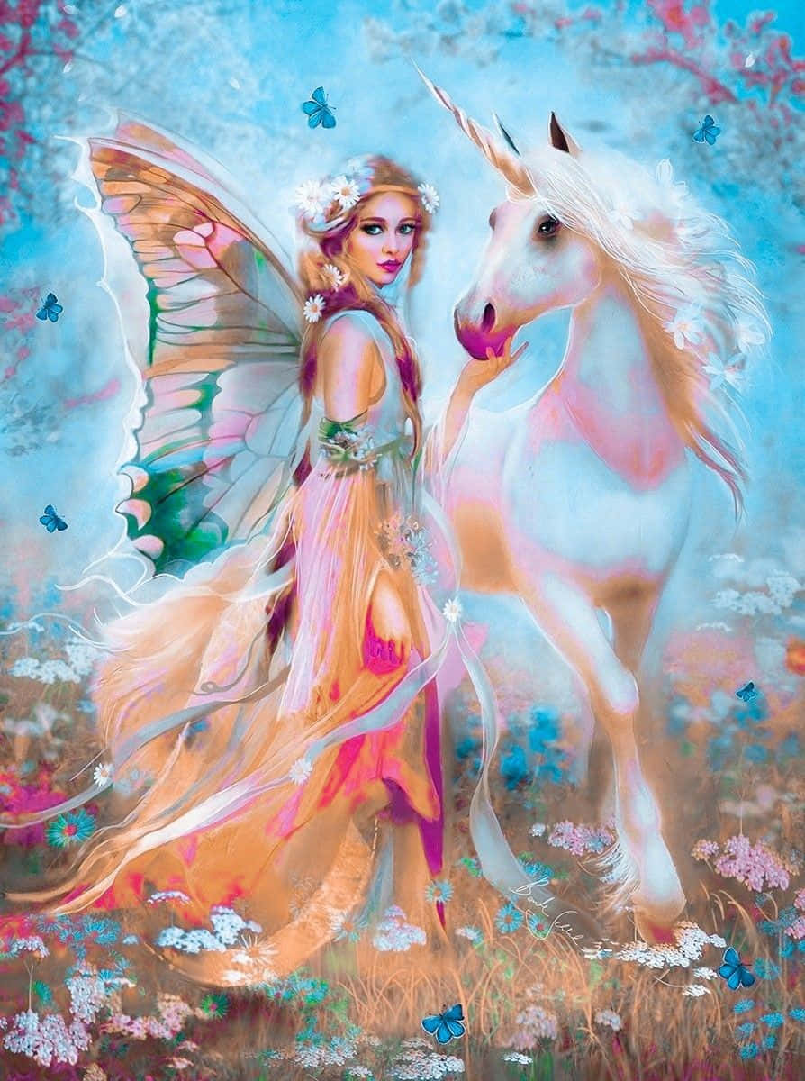 Magical Unicorn 桌布 壁紙 — 一位擁有蝴蝶翅膀的仙女和一隻獨角獸一起站在一片色彩繽紛的花田中，天空是柔和的藍色。