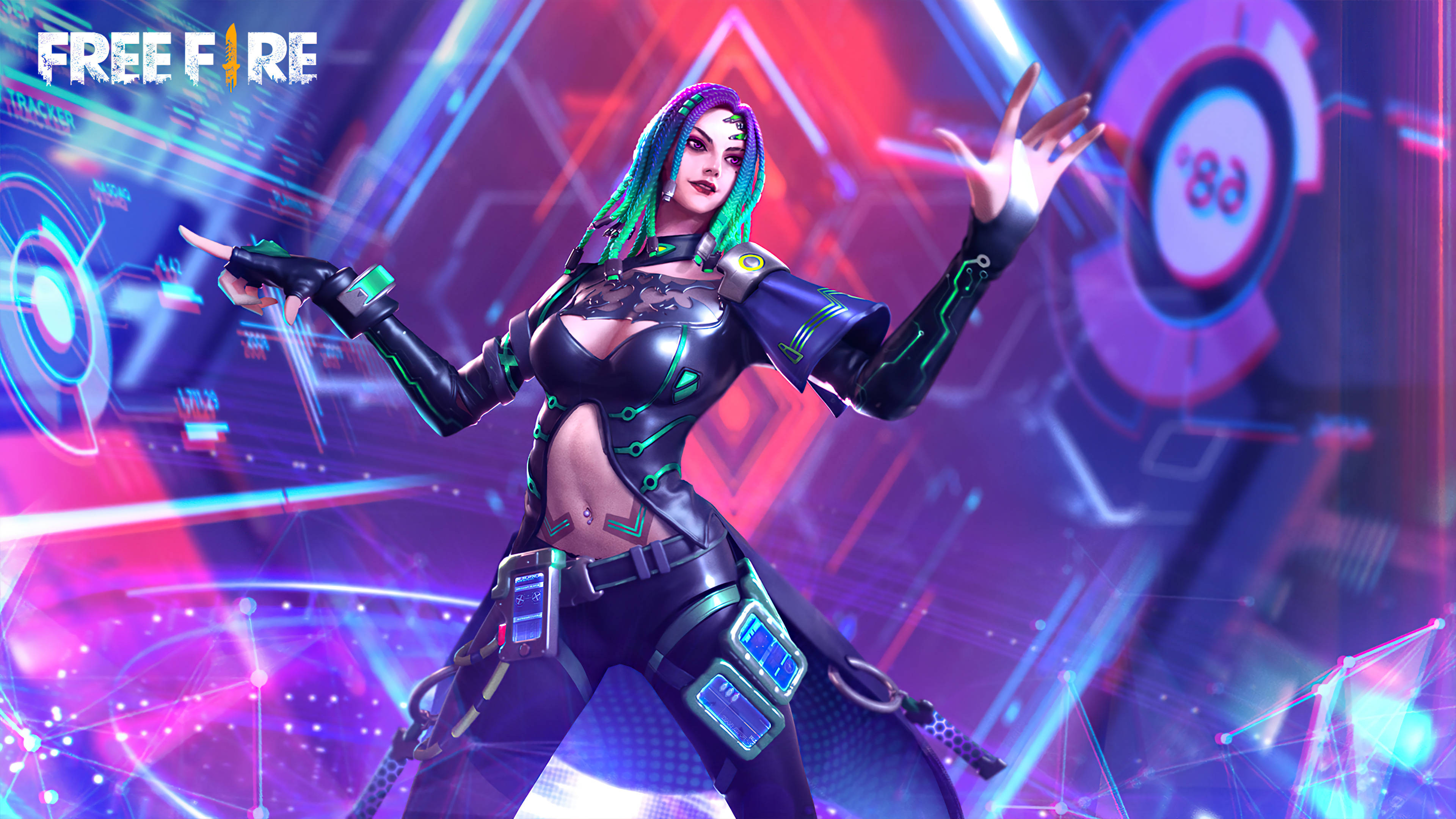free fire bundle 桌布 壁紙 — 一位擁有螢光綠髮和發光電路裝甲的 cyberpunk 女戰士，在充滿活力的數位介面背景前動態擺姿勢。