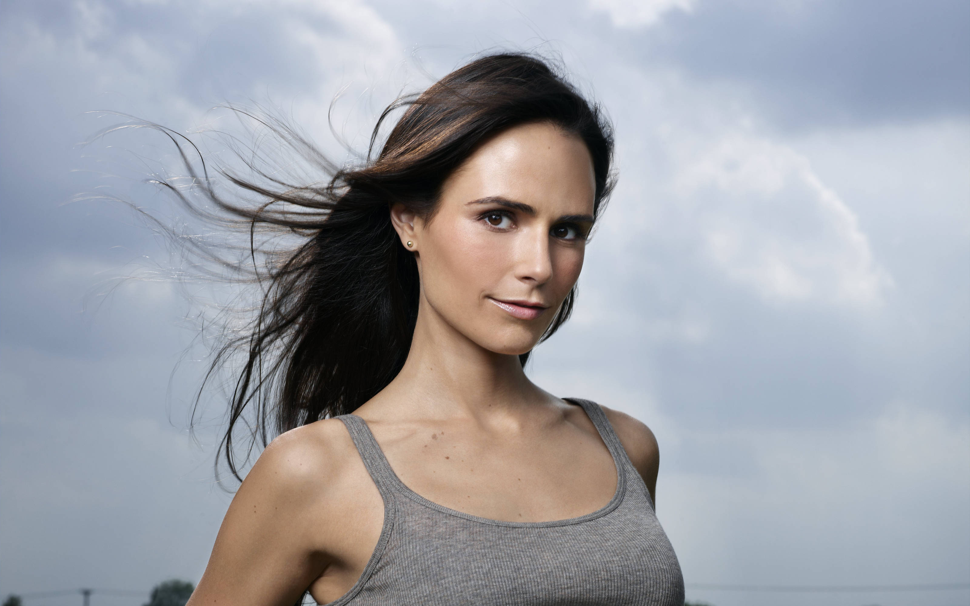 Jordana Brewster 桌布 壁紙 — 一位擁有被風吹拂的深色頭髮的女性，平靜地凝視著多雲的天空。