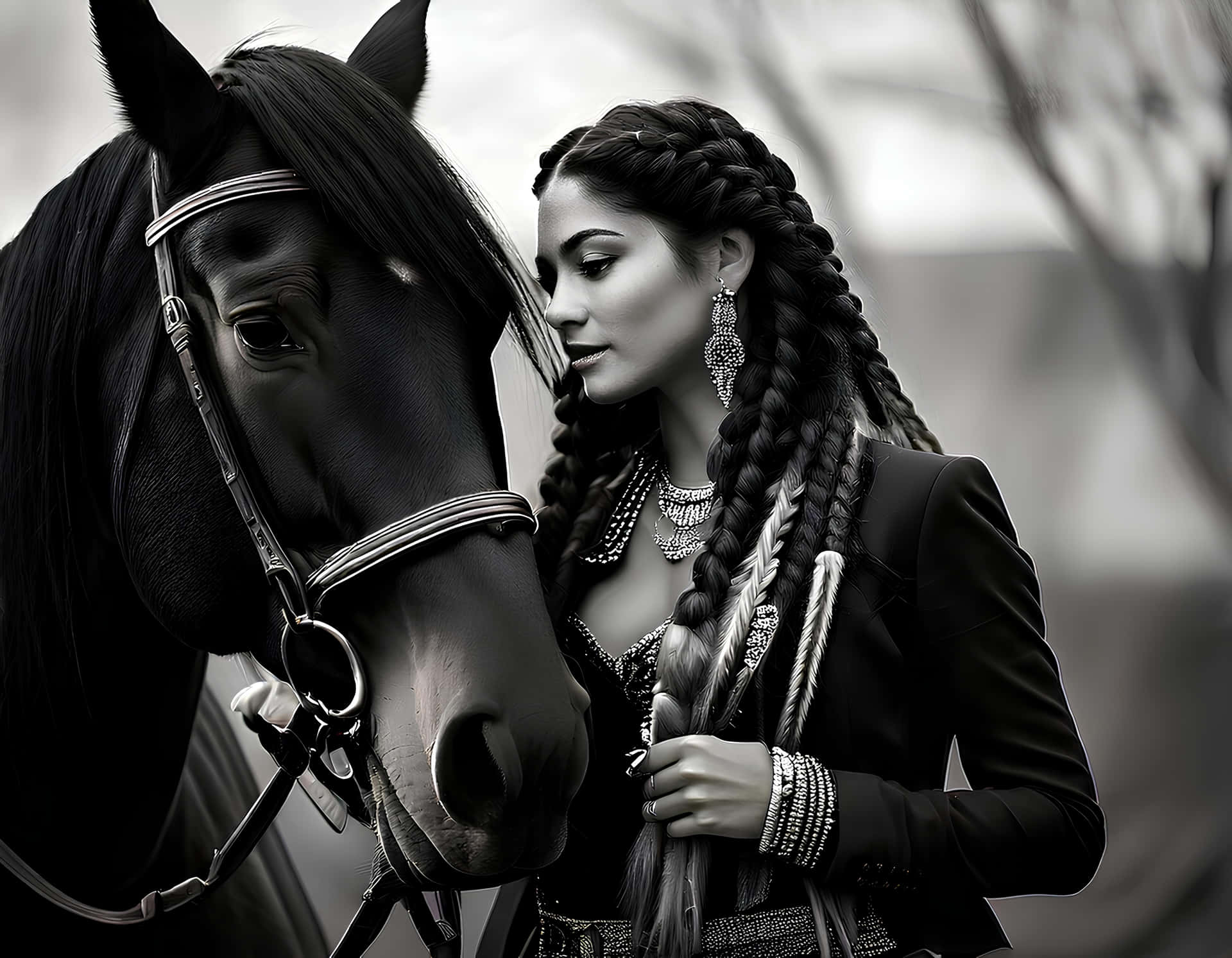 Woman and Horse 壁紙 — 一位擁有複雜辮子和華麗珠寶的女性，在單色肖像中輕輕觸摸一匹黑馬的口鼻。