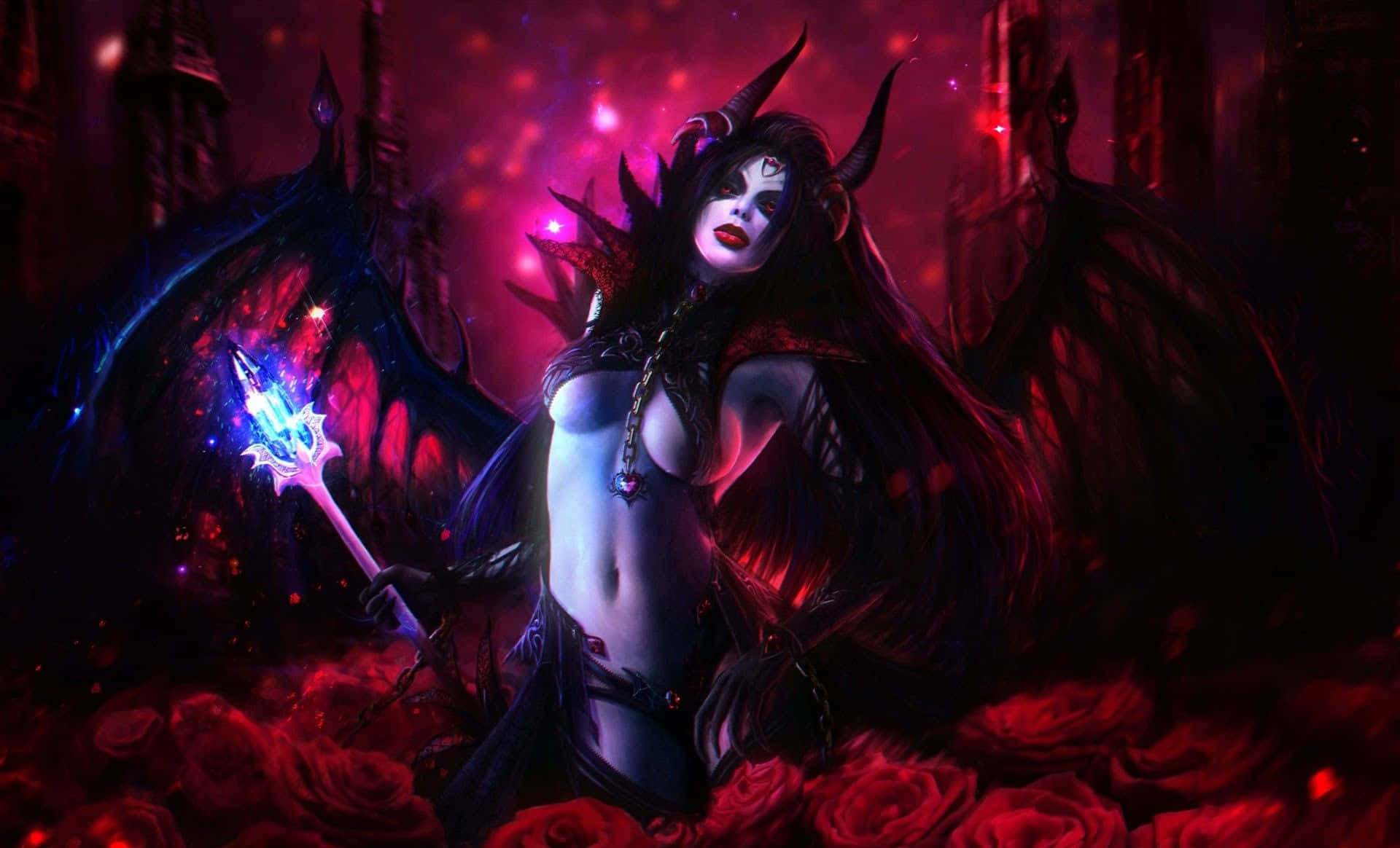 Dark Demon 桌布 壁紙 — 一位擁有角和翅膀的黑暗奇幻女惡魔，在哥德式廢墟中手持發光法杖，周圍環繞著紅玫瑰。