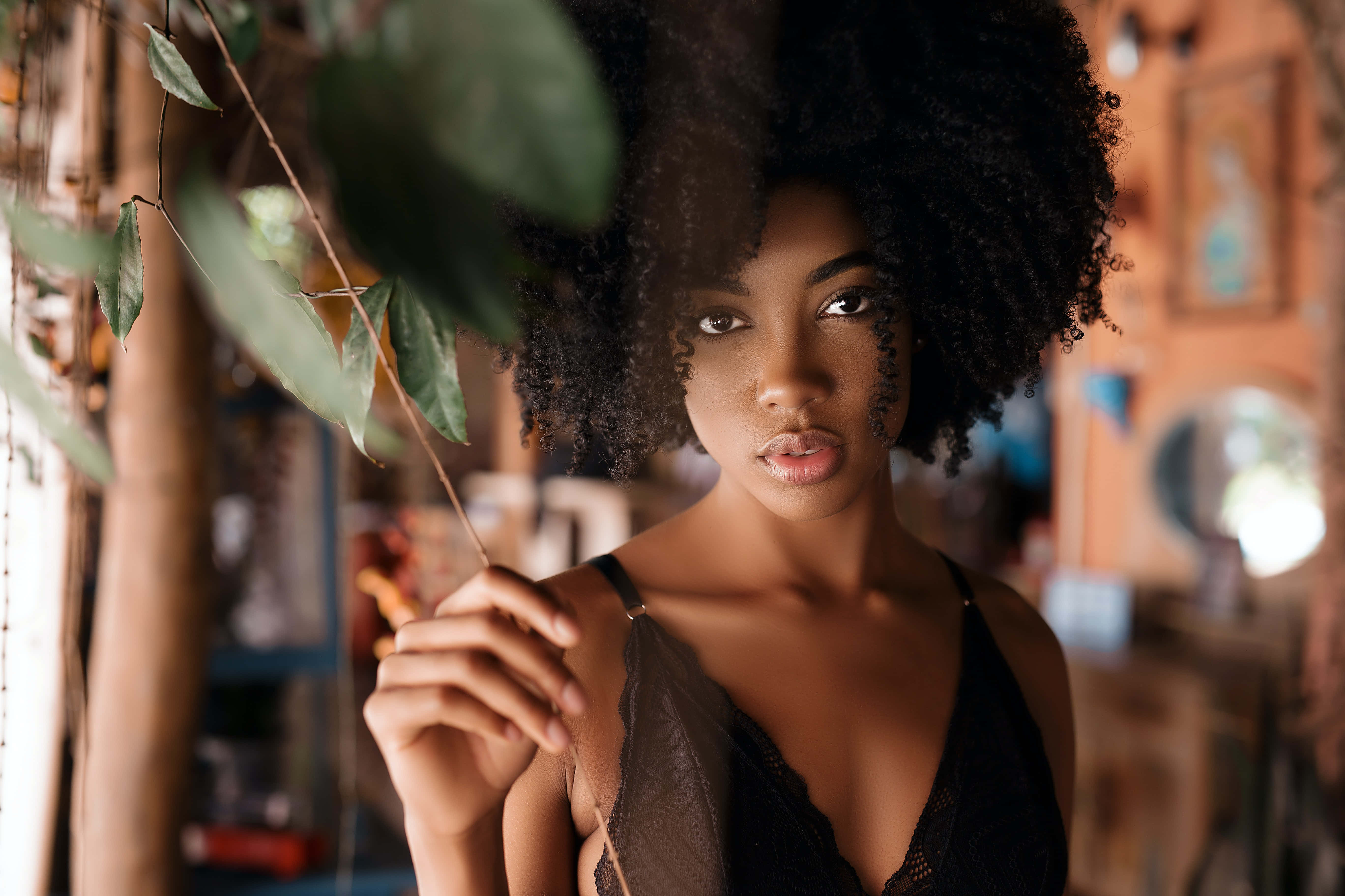 Curly Hair 桌布 壁紙 — 一位擁有豐盈捲髮的女性在溫暖照明的室內環境中，手持樹枝，直視鏡頭。