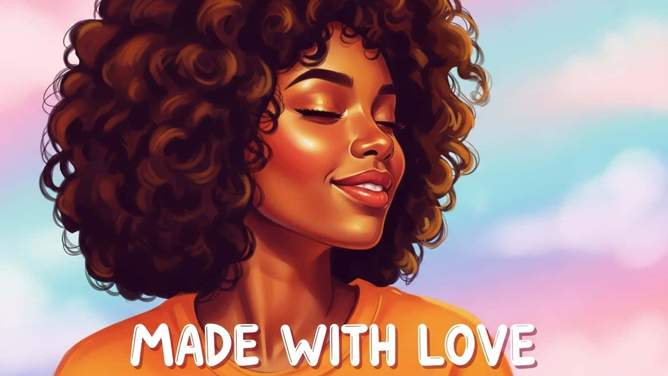 Made With Love 2 壁紙 — 一位擁有豐盈棕色捲髮的寧靜女性，在柔和粉彩天空下溫柔微笑，並帶有「用愛製作」的文字。