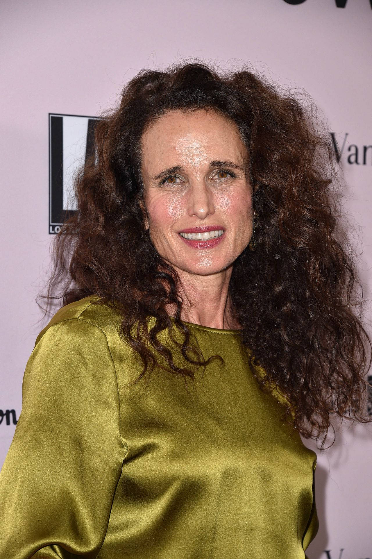 andie macdowell 桌布 壁紙 — 一位擁有豐盈深色捲髮的女性，穿著閃亮的橄欖綠緞面上衣，在粉紅色活動背景前溫暖地微笑。