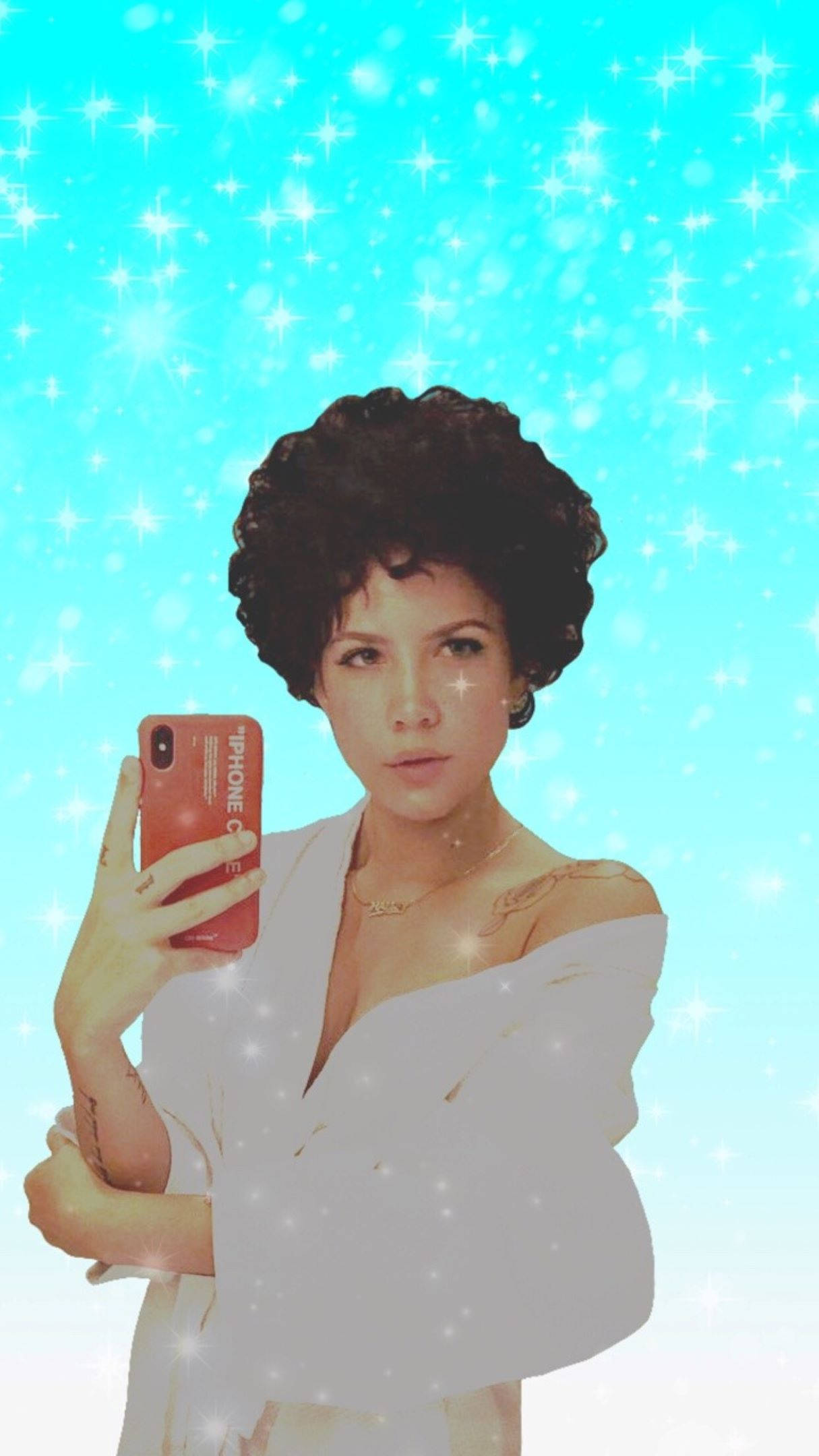 Halsey 桌布 壁紙 — 一位擁有豐盈爆炸頭髮型的女士，在閃爍著星星的青色背景下自拍。