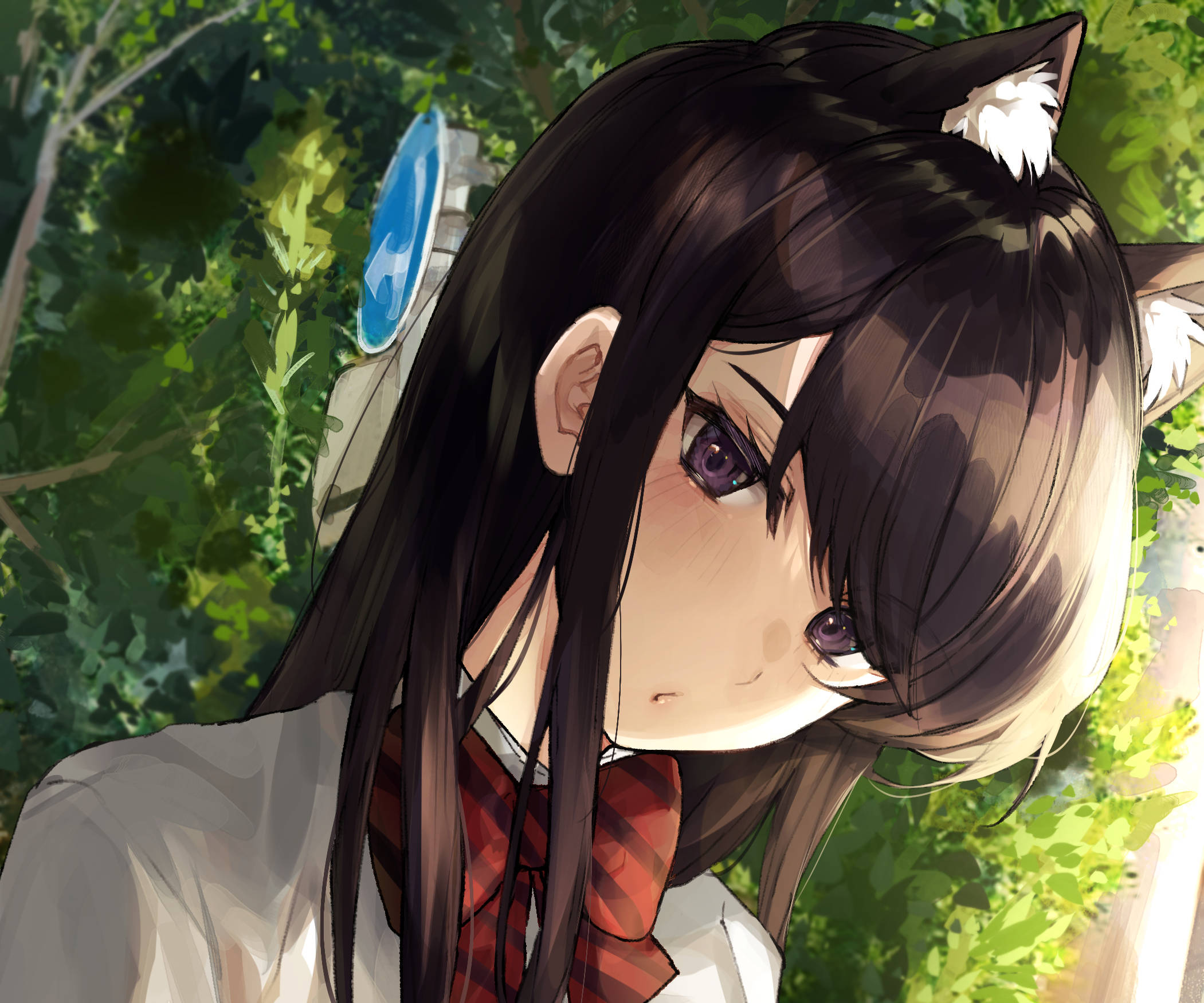Komi Cant Communicate 桌布 壁紙 — 一位擁有貓耳、深色頭髮和紫色眼睛的動漫女孩，在茂密的綠葉中溫柔地凝視著。
