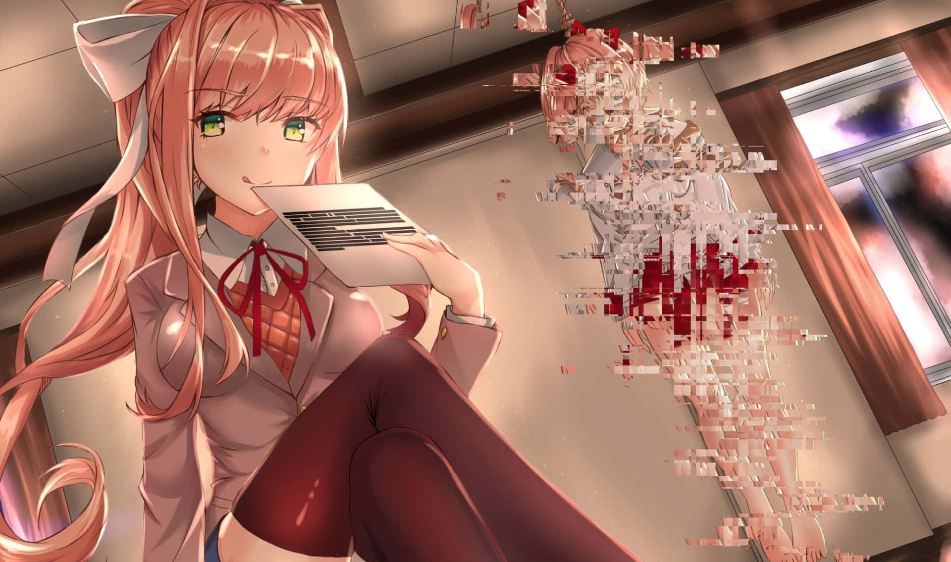 Doki Doki 桌布 壁紙 — 一位擁有貓耳和綠色眼睛的動漫女孩坐在房間裡，抱著筆記型電腦，她的數位形態在窗邊像素化為紅色碎片。