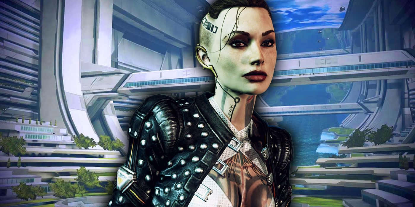 Mass Effect Jack 桌布 壁紙 — 一位擁有賽博強化改造的賽博龐克女性，站在充滿浮空建築與綠意的未來城市景觀中。