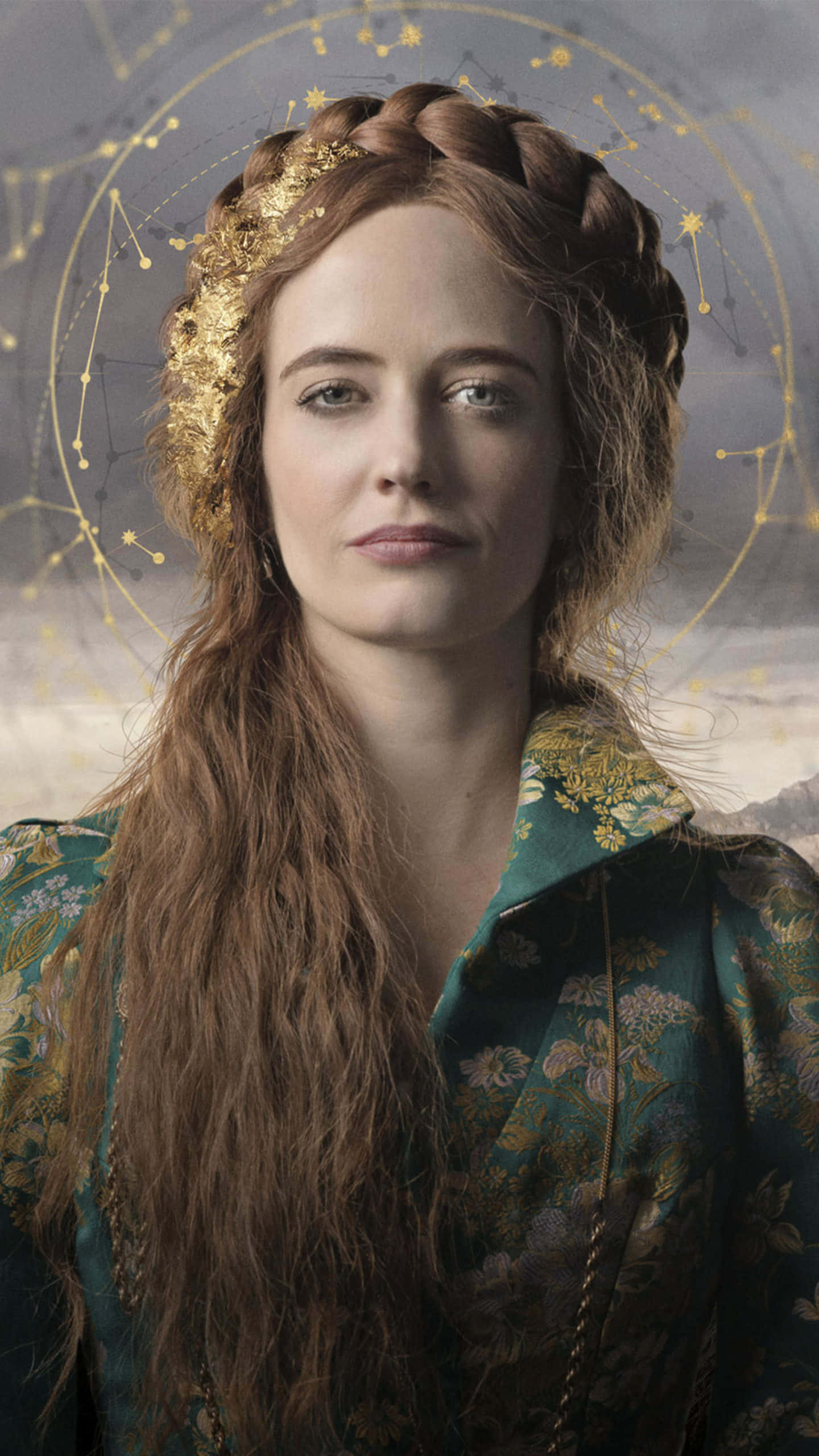 eva green 桌布 壁紙 — 一位擁有辮子紅髮、飾有金色星星的女性，在星空背景下平靜地凝視。
