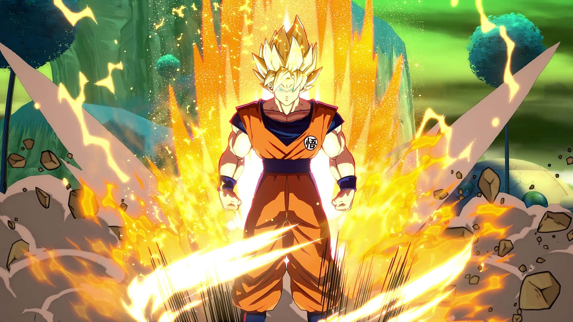 Dragon Ball Fighterz 桌布 壁紙 — 一位擁有金色刺蝟頭的強大動漫戰士，站在充滿爆炸性橙色能量和破碎岩石的鮮綠色景觀中。