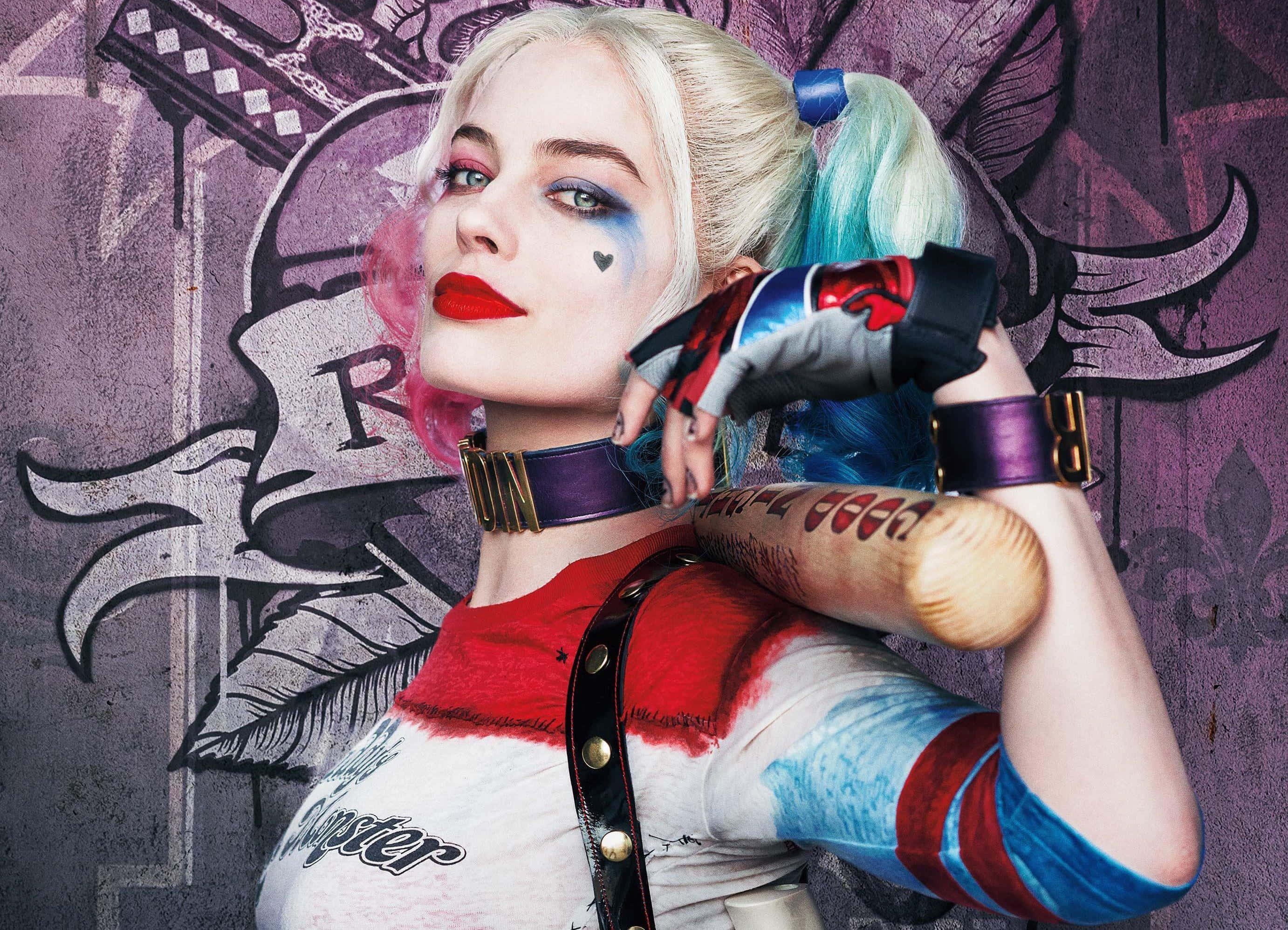 小丑 桌布 壁紙 — 一位擁有金色和藍色雙馬尾、紅唇的女性，在佈滿塗鴉的紫色牆前，手持棒球棍擺姿勢。