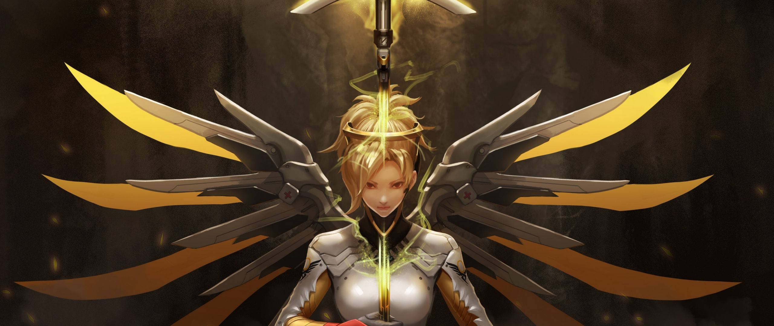 Mercy 桌布 壁紙 — 一位擁有金色和銀色翅膀的女戰士站在發光的劍下，處於黑暗神秘的環境中。