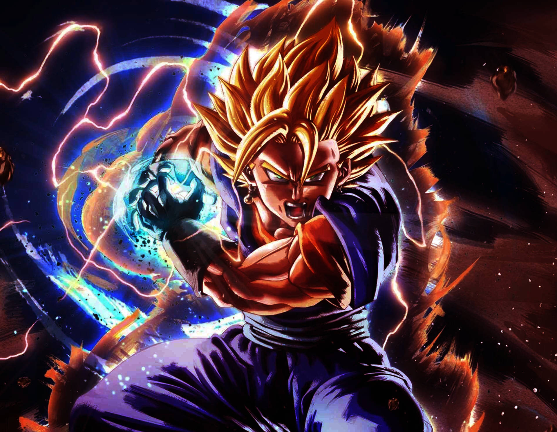 Vegito 桌布 壁紙 — 一位擁有金色尖刺頭髮的兇猛動漫戰士，在黑暗的宇宙背景下引導發光的藍色能量球。