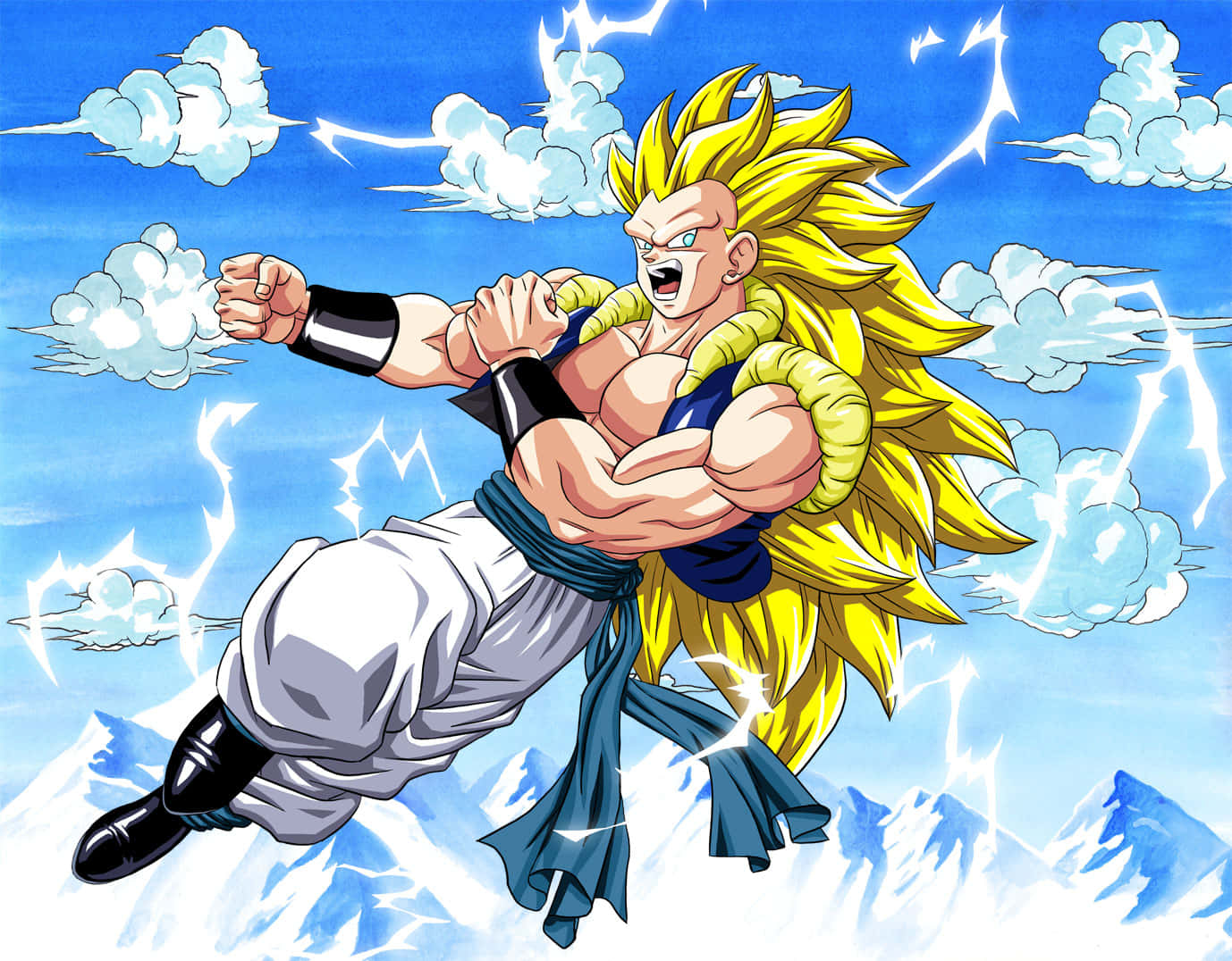 Ssj3 桌布 壁紙 — 一位擁有金色尖刺頭髮的強大動漫戰士，在風暴天空下飛越雪山，握緊拳頭，閃電在他周圍劈啪作響。