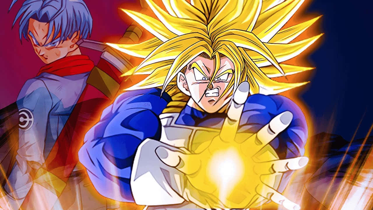 Dragon Ball Z Trunks 桌布 壁紙 — 一位擁有金色尖刺頭髮的強大動漫戰士正在引導發光的能量爆炸，而一位藍髮同伴則專注地觀看。