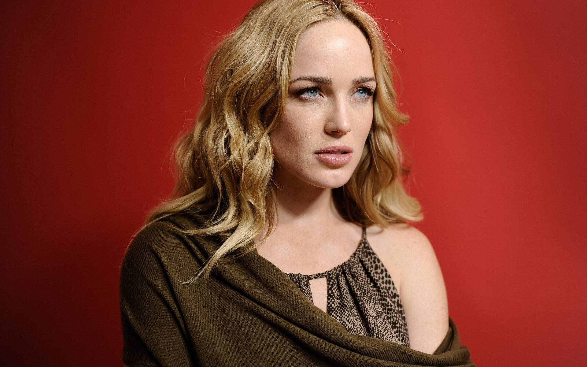 在紅色背景的工作室中，一位金色頭髮和藍色眼睛的女性。 — Caity Lotz 動圖 壁紙