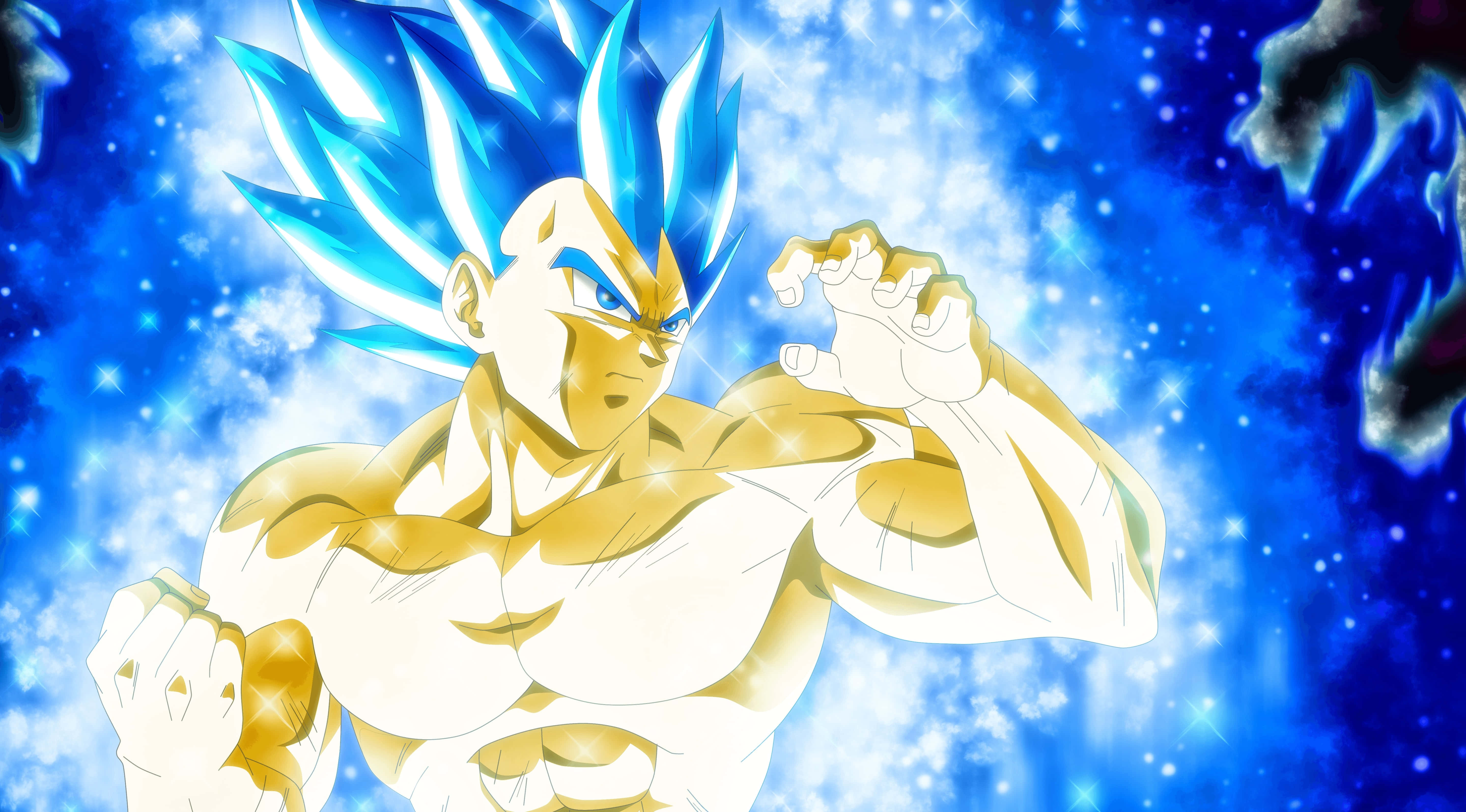 Vegeta Super Saiyan 桌布 壁紙 — 一位擁有金色皮膚的強大藍髮動漫戰士，站在宇宙星空中，握緊拳頭擺出戰鬥姿勢。