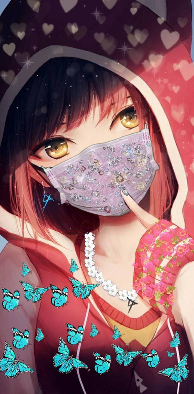 動漫女孩 桌布 壁紙 — 一位擁有金色眼睛和閃亮口罩的年輕動漫女孩，被發光的藍色蝴蝶環繞，背景是心形圖案。