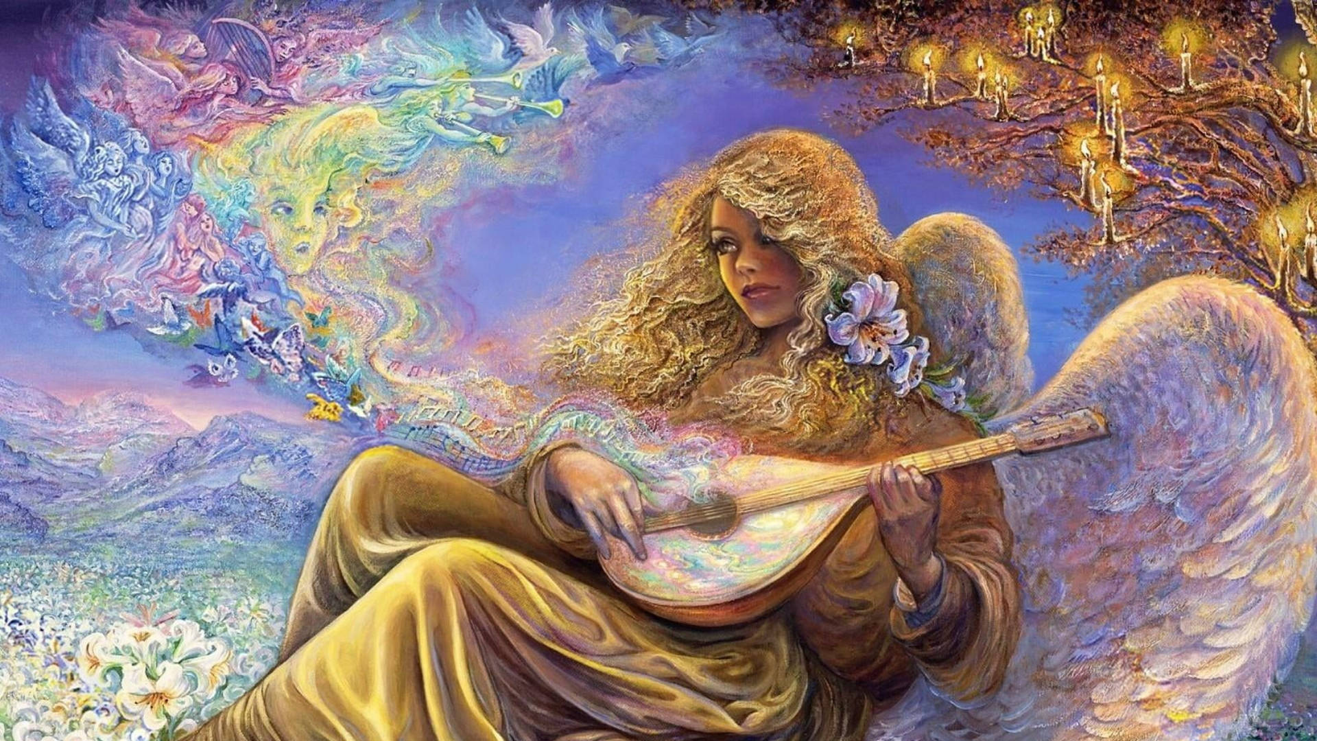angels 桌布 壁紙 — 一位擁有金色翅膀和飄逸頭髮的天使正在彈奏魯特琴，而空靈的生物在夢幻般的天空中，於山脈景觀之上起舞。